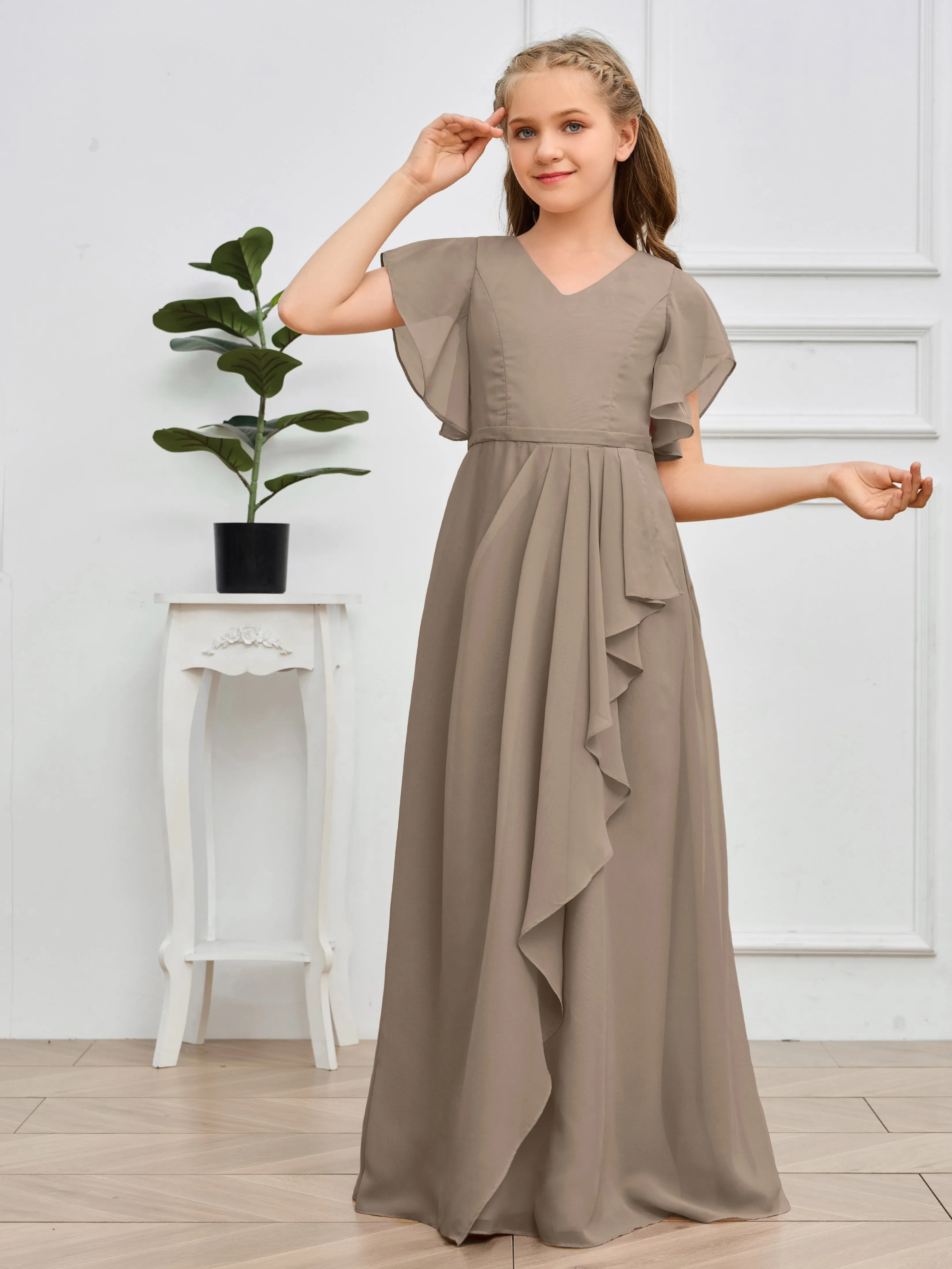 Pleats V Neck Chiffon Junior Bridesmaid Dress