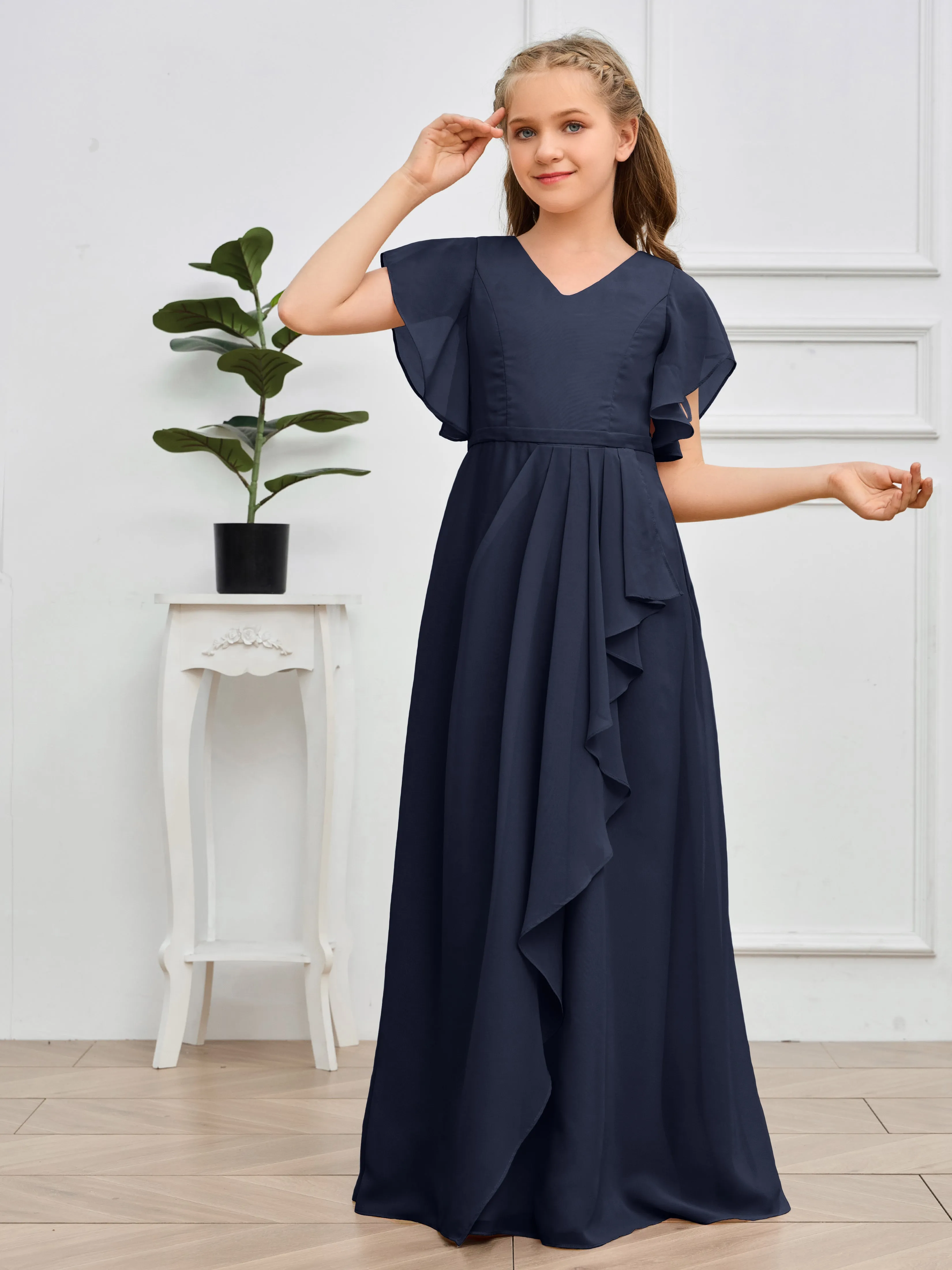 Pleats V Neck Chiffon Junior Bridesmaid Dress