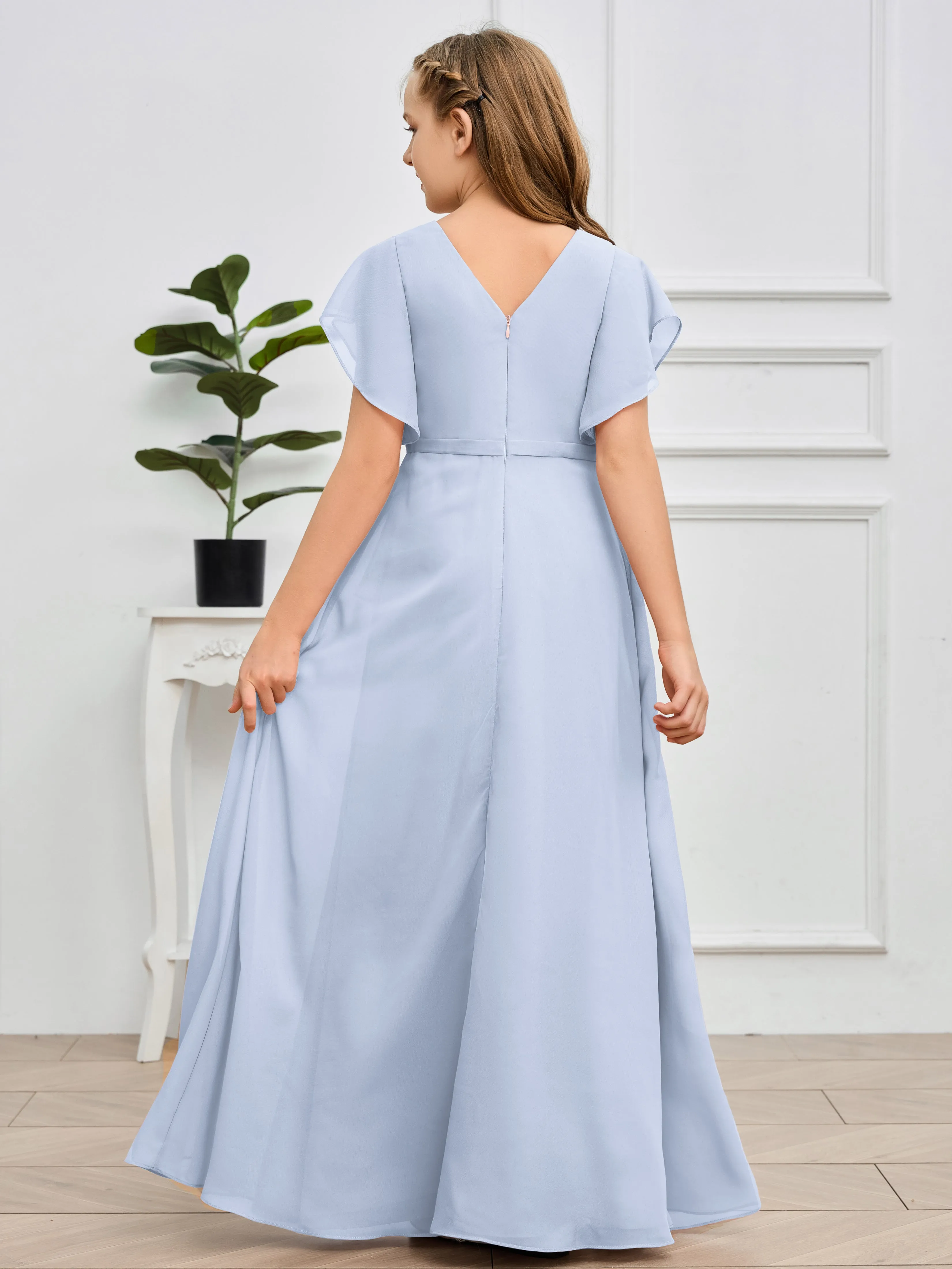 Pleats V Neck Chiffon Junior Bridesmaid Dress