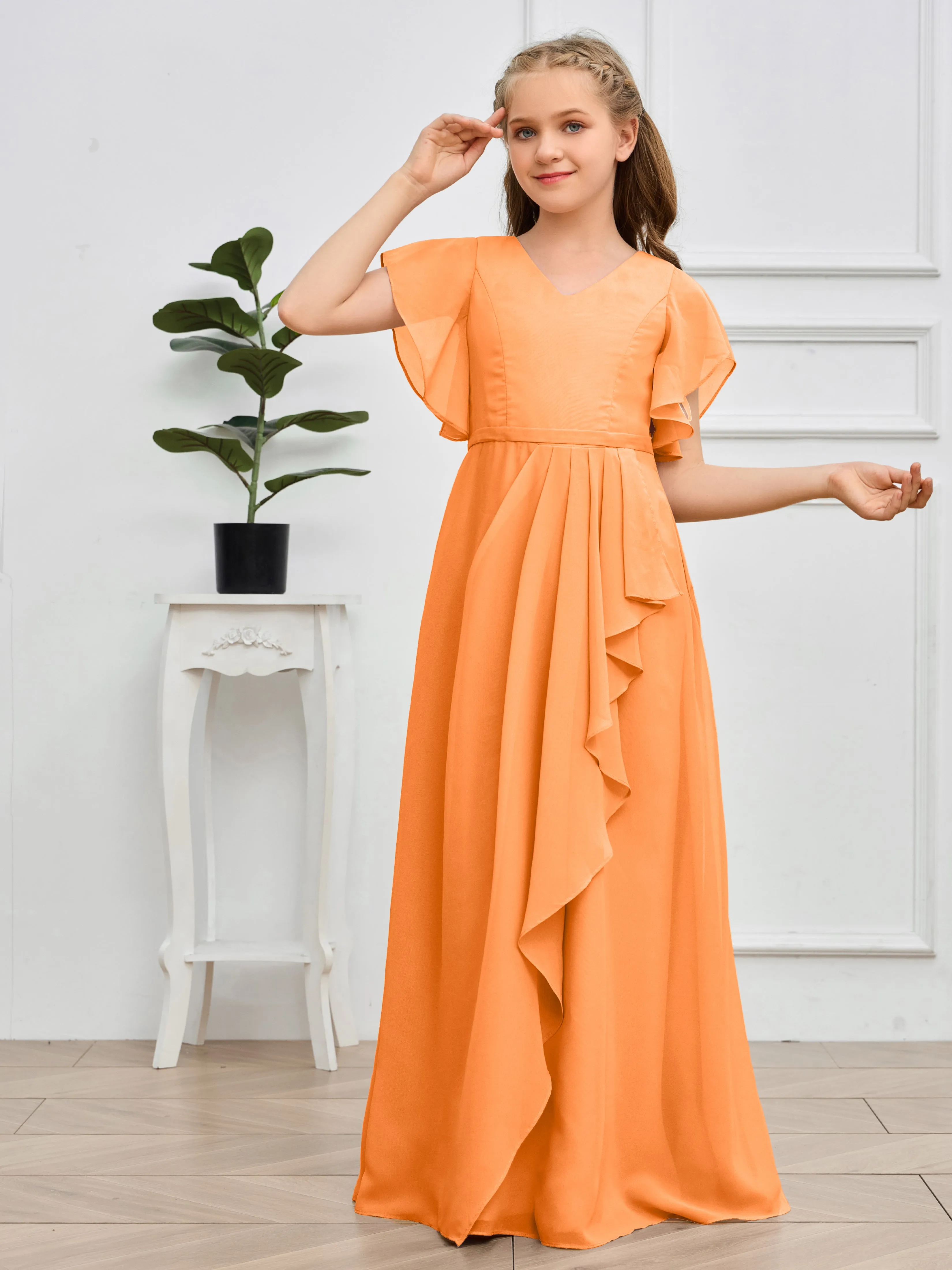 Pleats V Neck Chiffon Junior Bridesmaid Dress