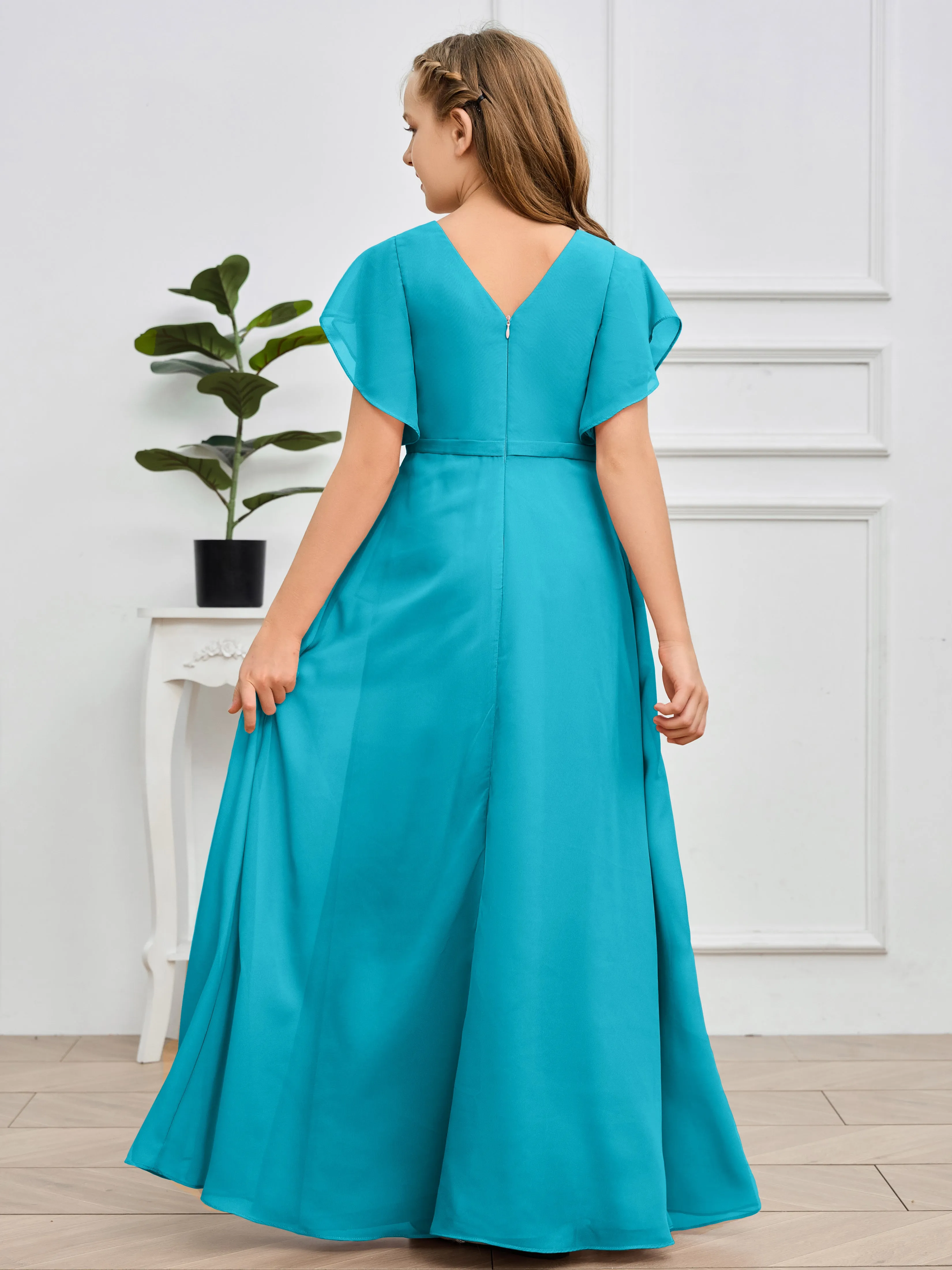 Pleats V Neck Chiffon Junior Bridesmaid Dress