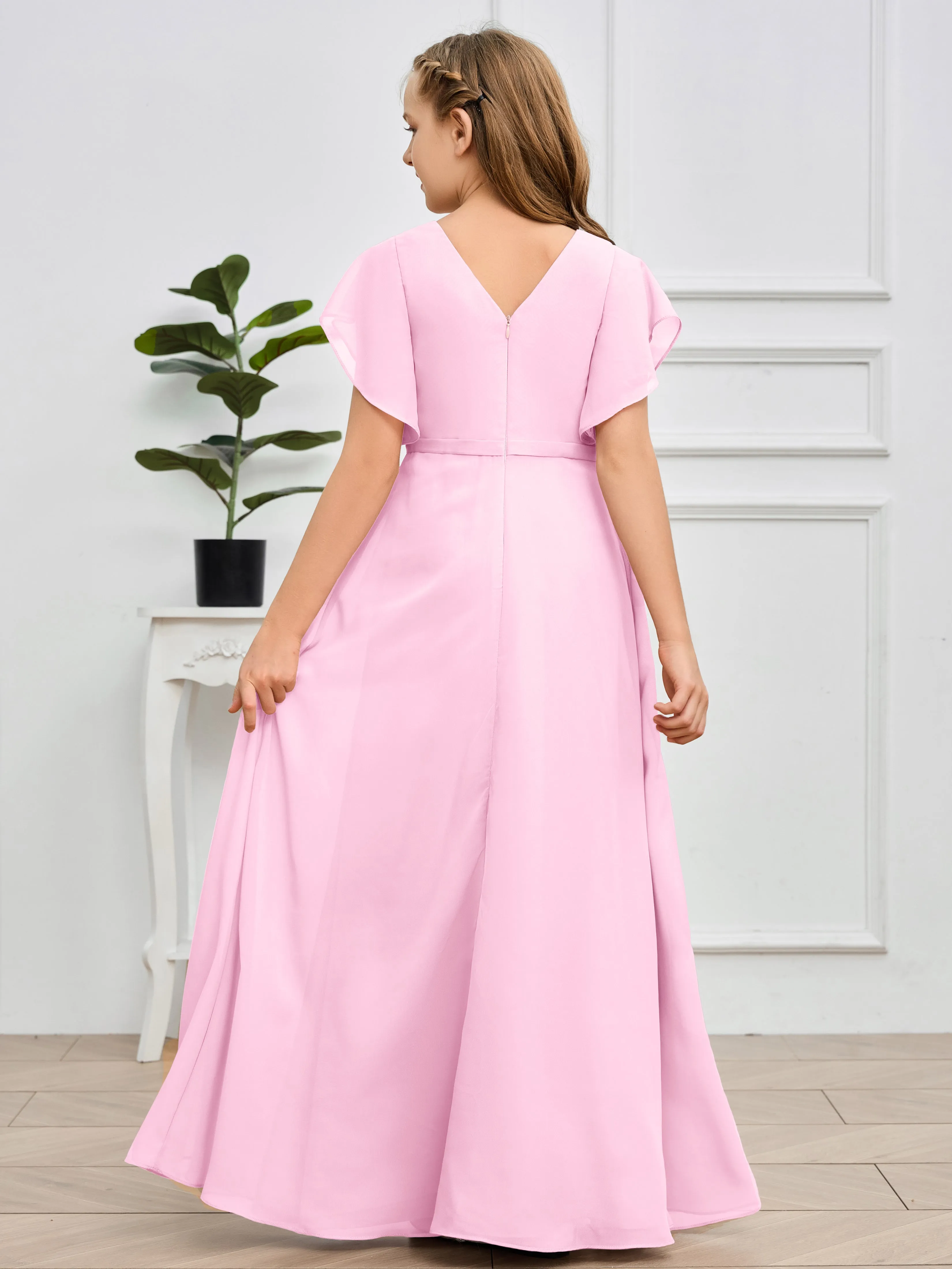 Pleats V Neck Chiffon Junior Bridesmaid Dress