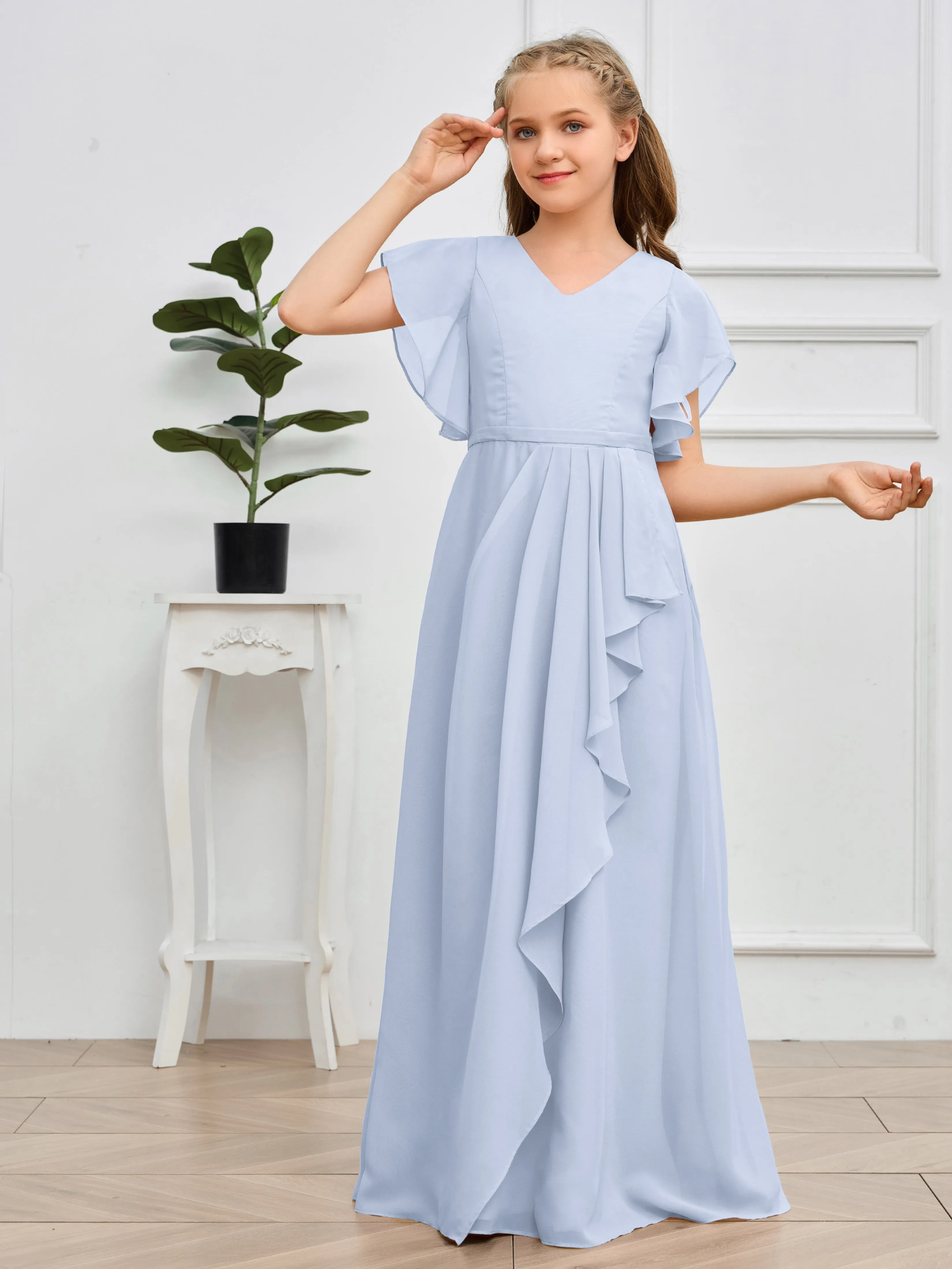 Pleats V Neck Chiffon Junior Bridesmaid Dress