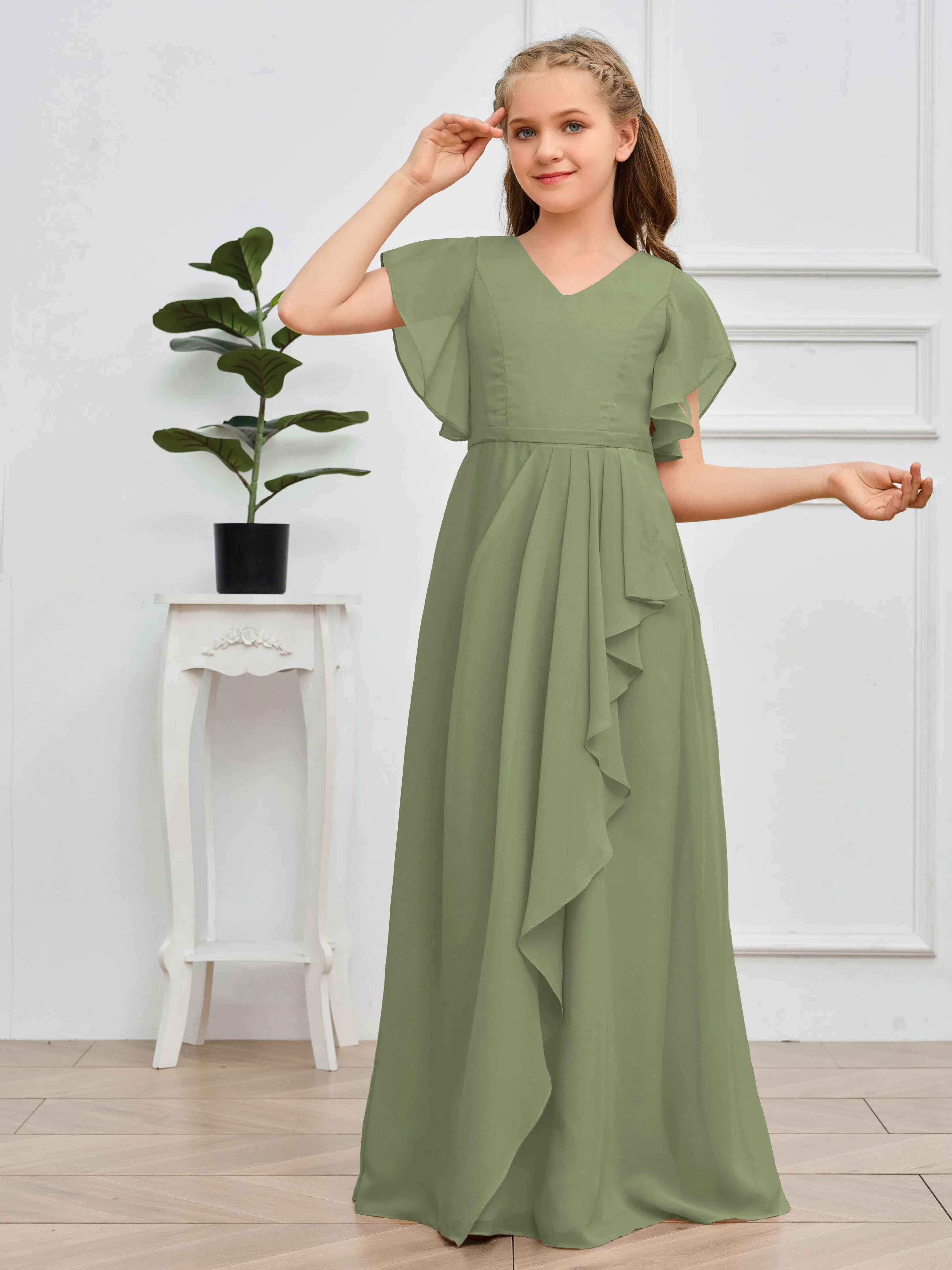 Pleats V Neck Chiffon Junior Bridesmaid Dress