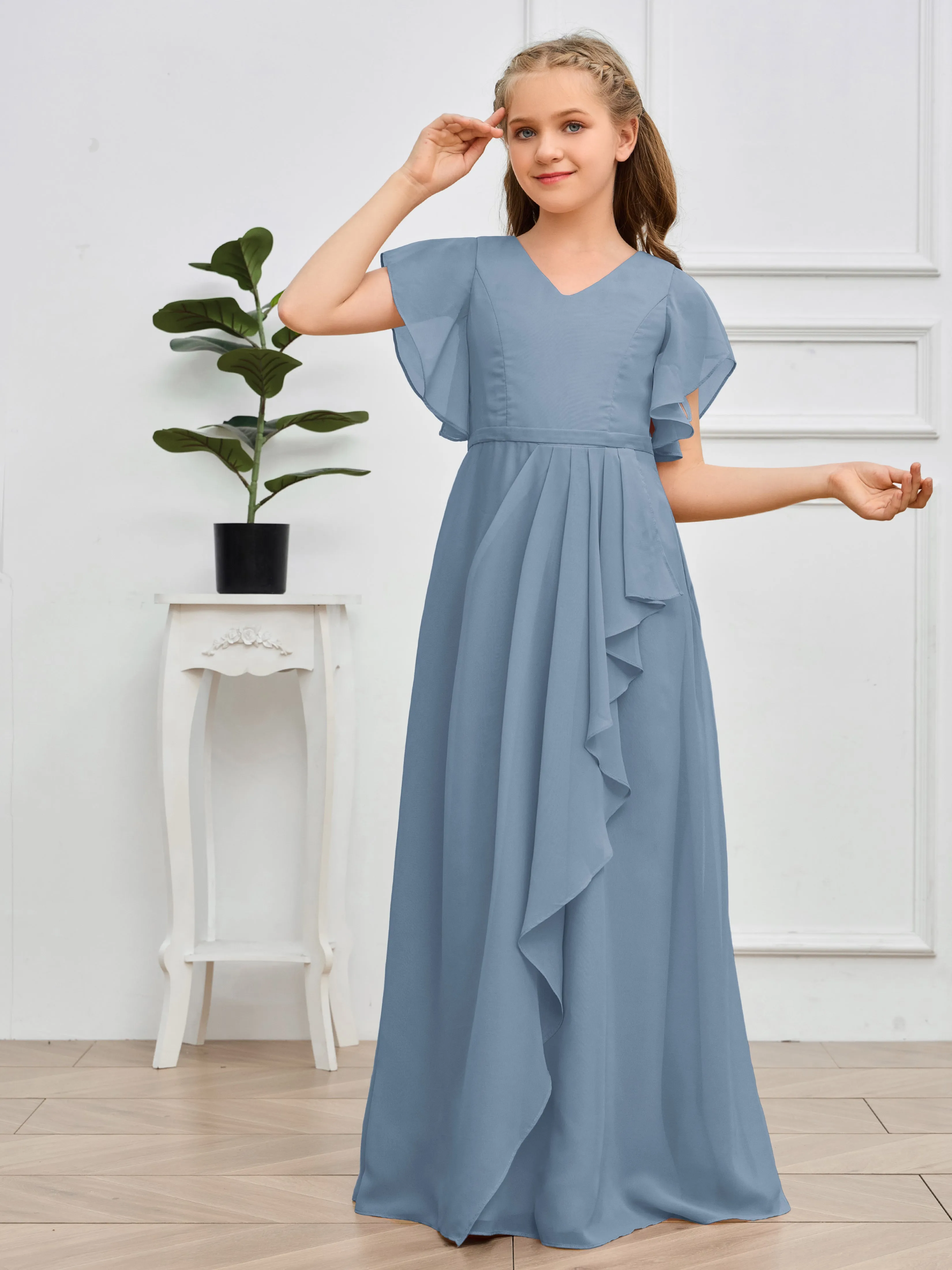 Pleats V Neck Chiffon Junior Bridesmaid Dress