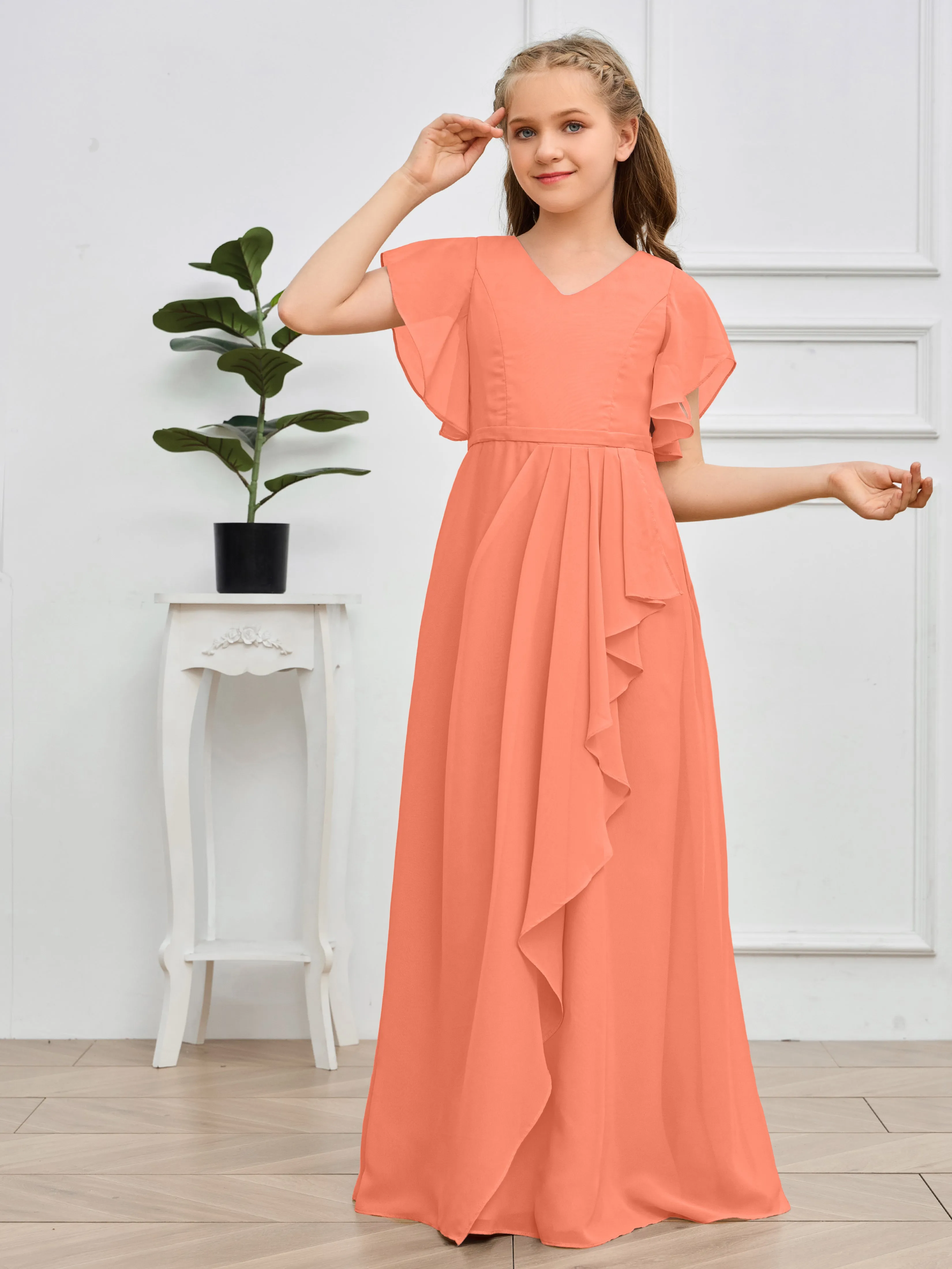 Pleats V Neck Chiffon Junior Bridesmaid Dress