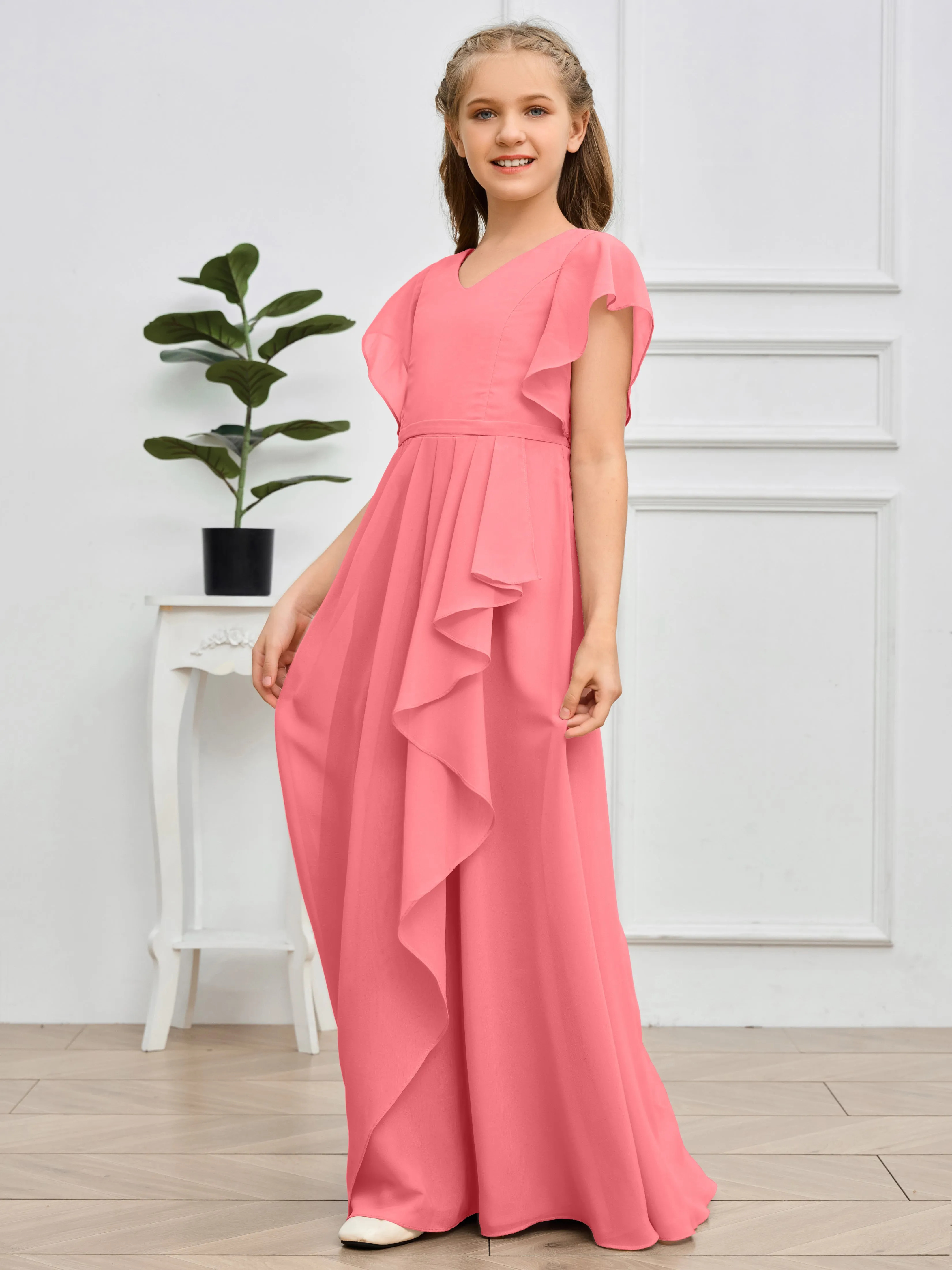 Pleats V Neck Chiffon Junior Bridesmaid Dress