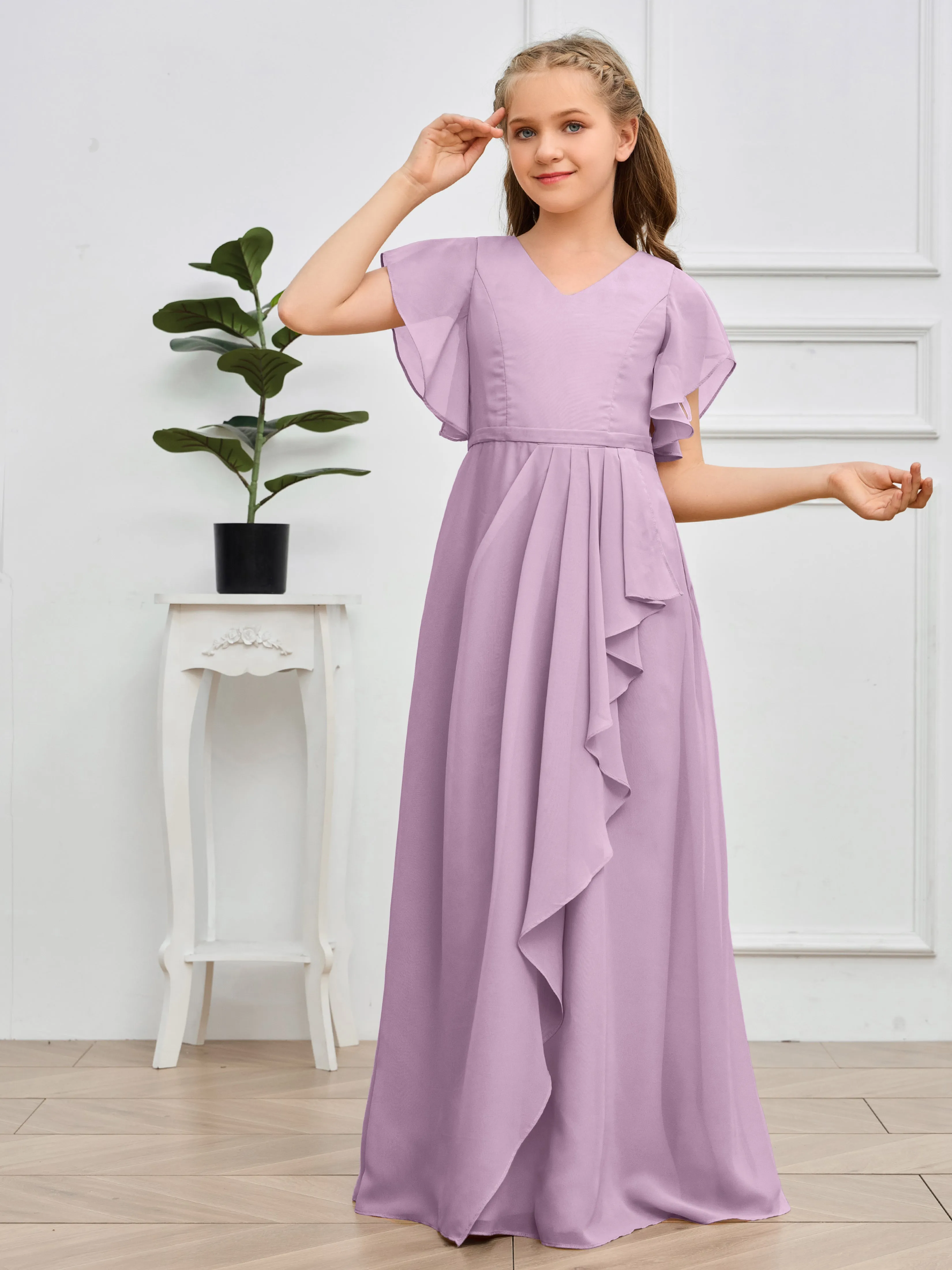 Pleats V Neck Chiffon Junior Bridesmaid Dress