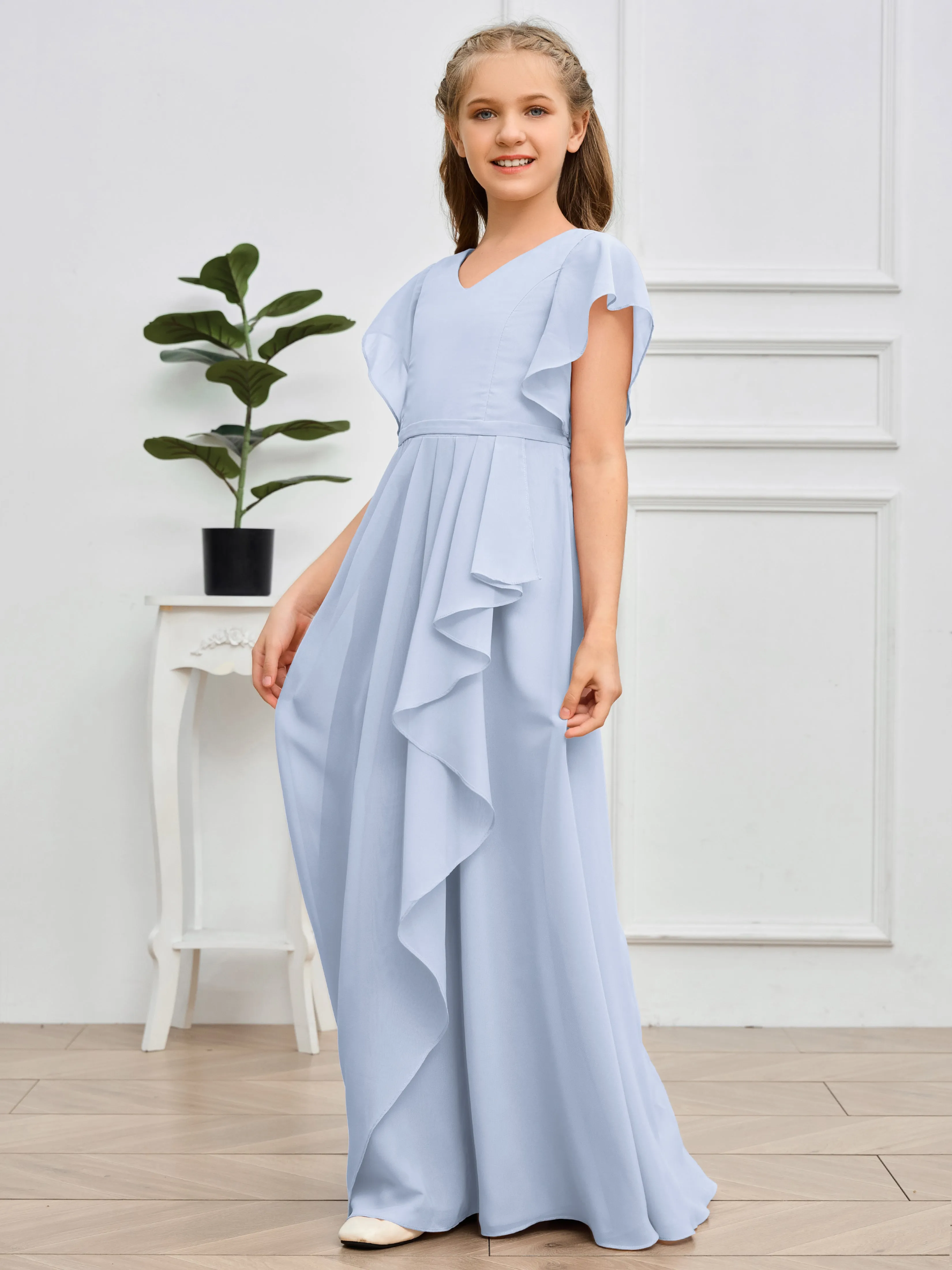 Pleats V Neck Chiffon Junior Bridesmaid Dress