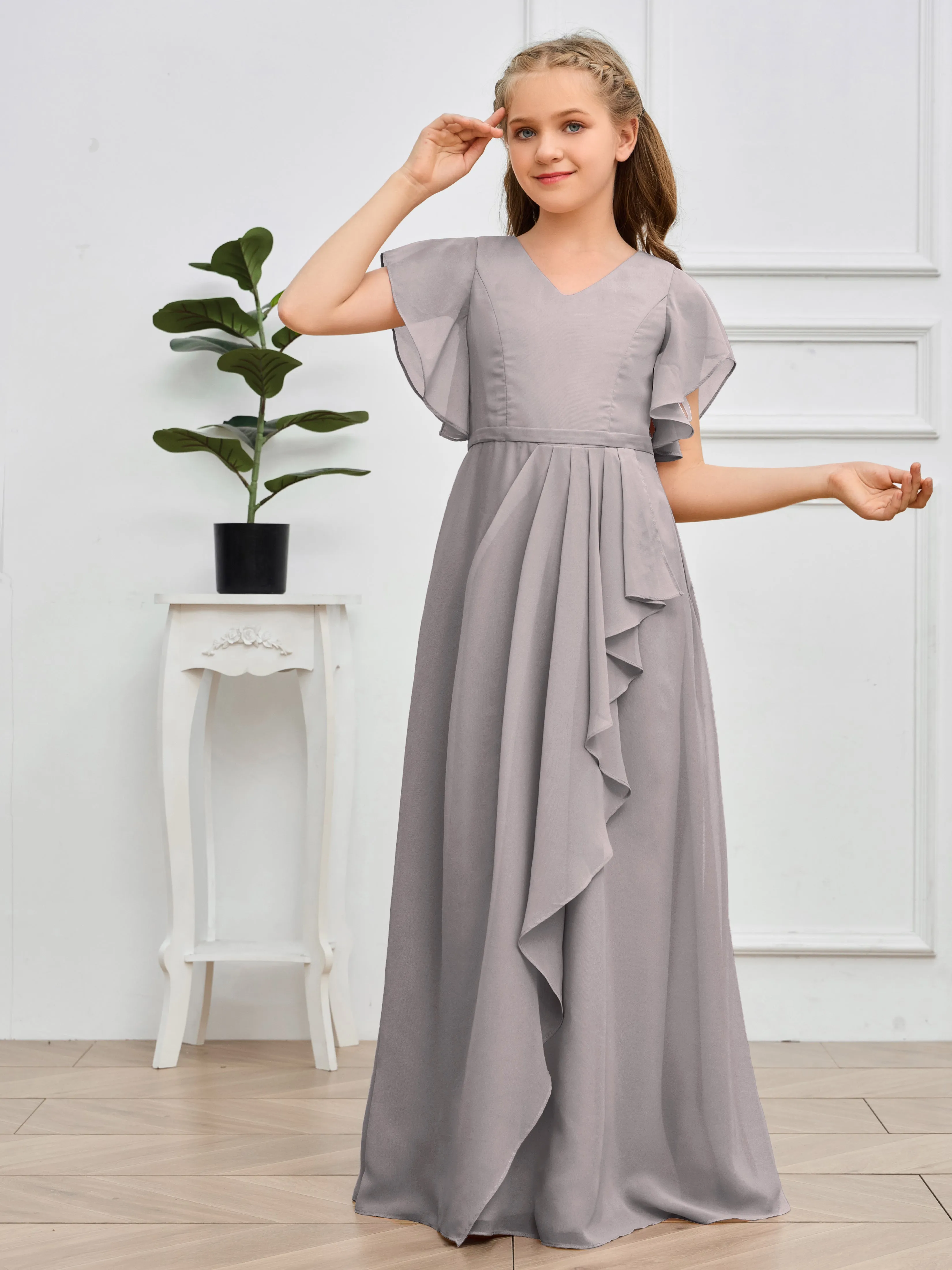 Pleats V Neck Chiffon Junior Bridesmaid Dress