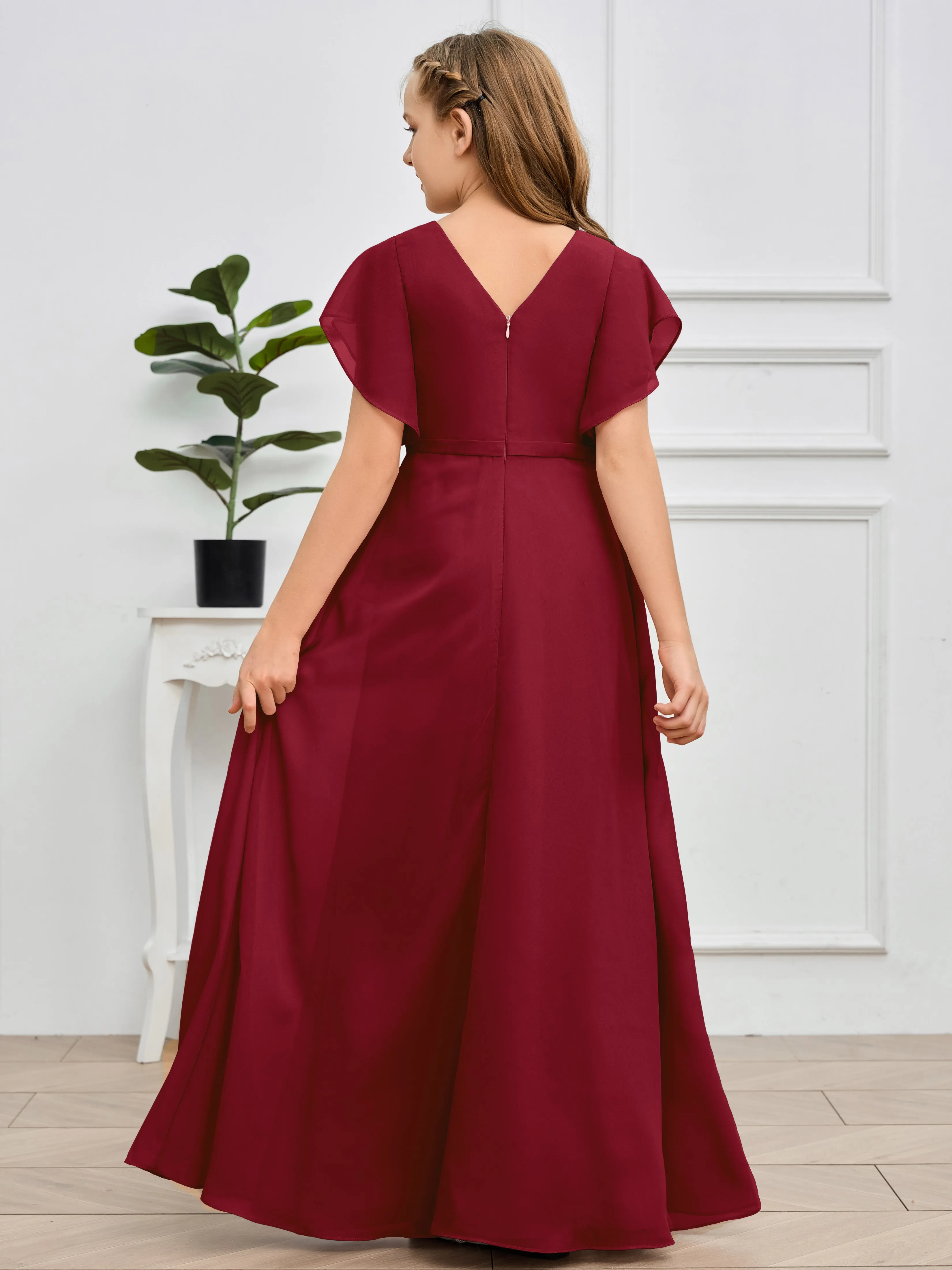 Pleats V Neck Chiffon Junior Bridesmaid Dress