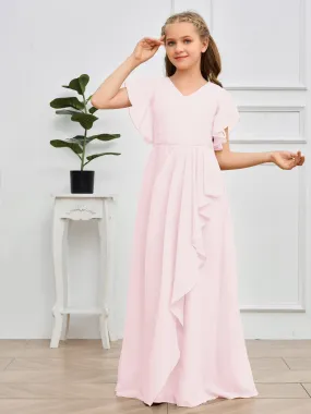 Pleats V Neck Chiffon Junior Bridesmaid Dress