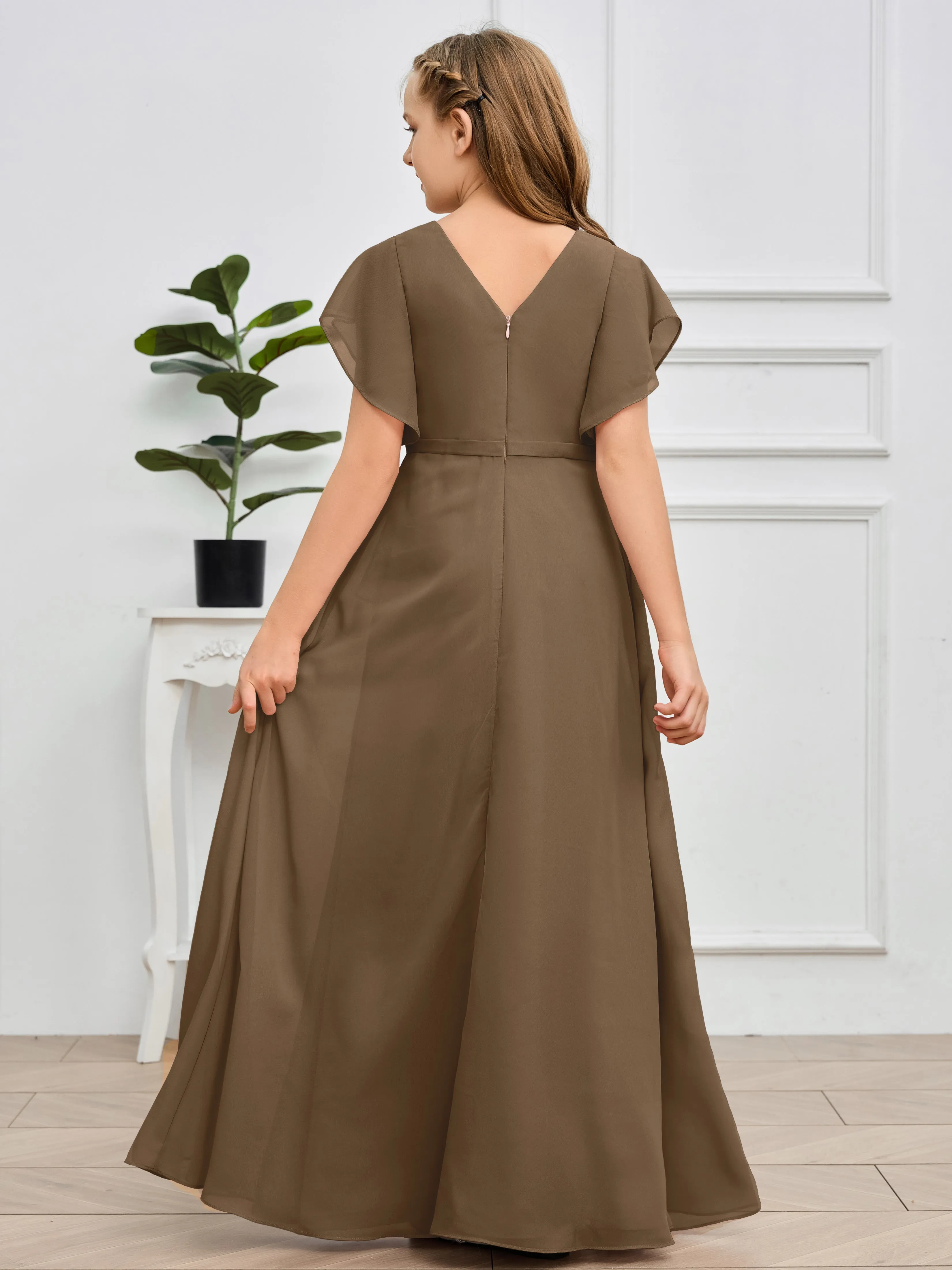 Pleats V Neck Chiffon Junior Bridesmaid Dress