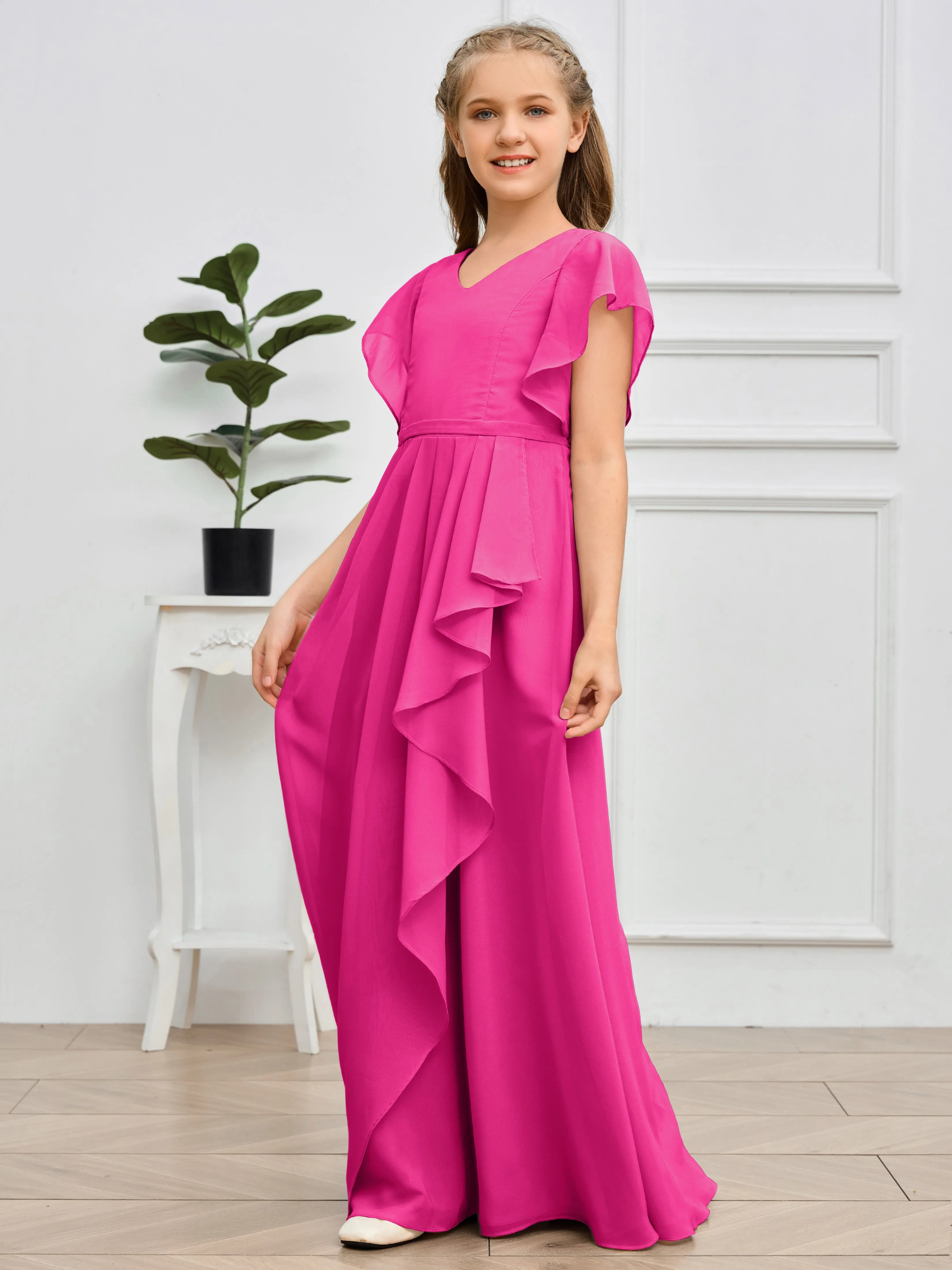 Pleats V Neck Chiffon Junior Bridesmaid Dress