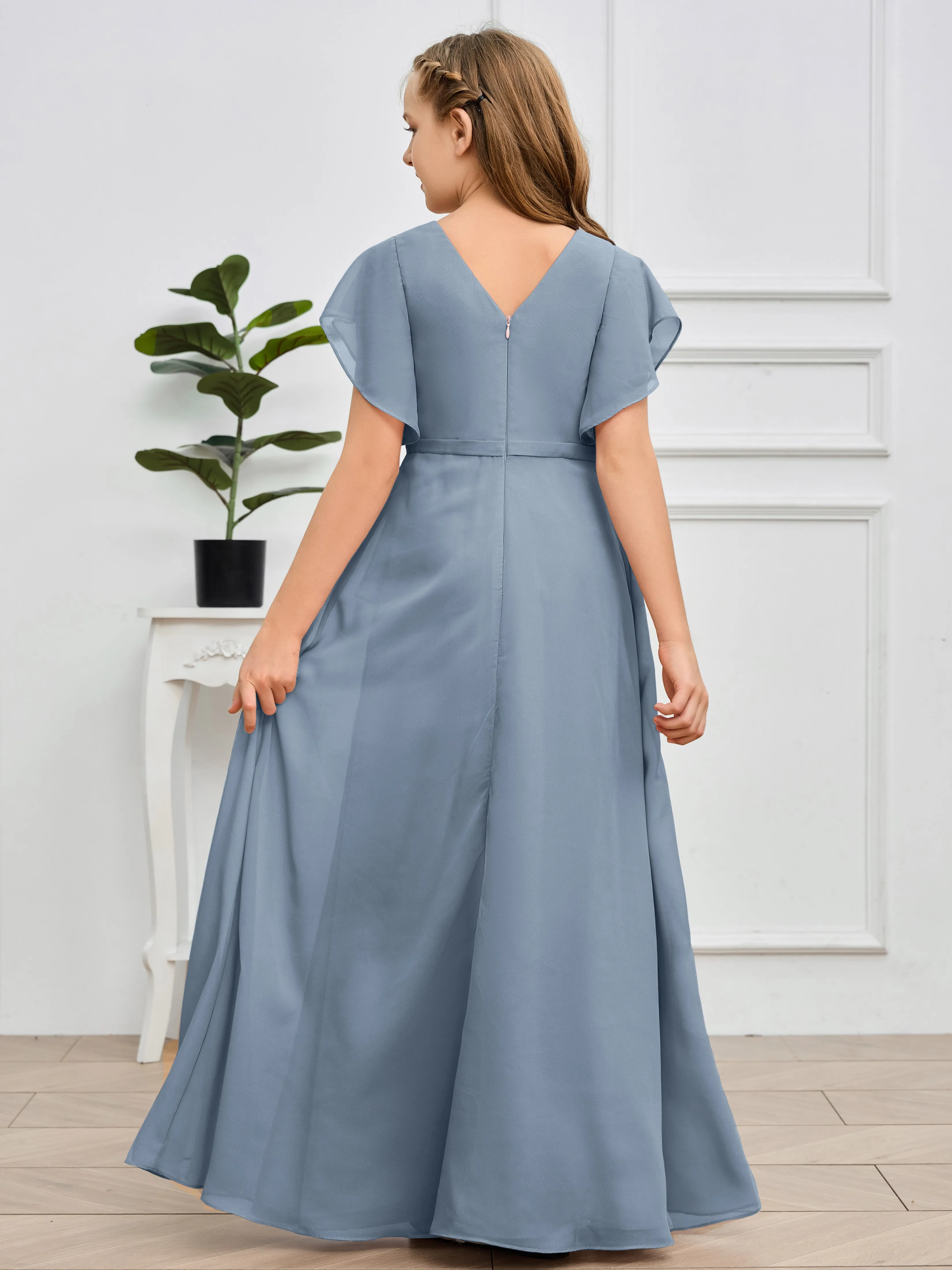 Pleats V Neck Chiffon Junior Bridesmaid Dress