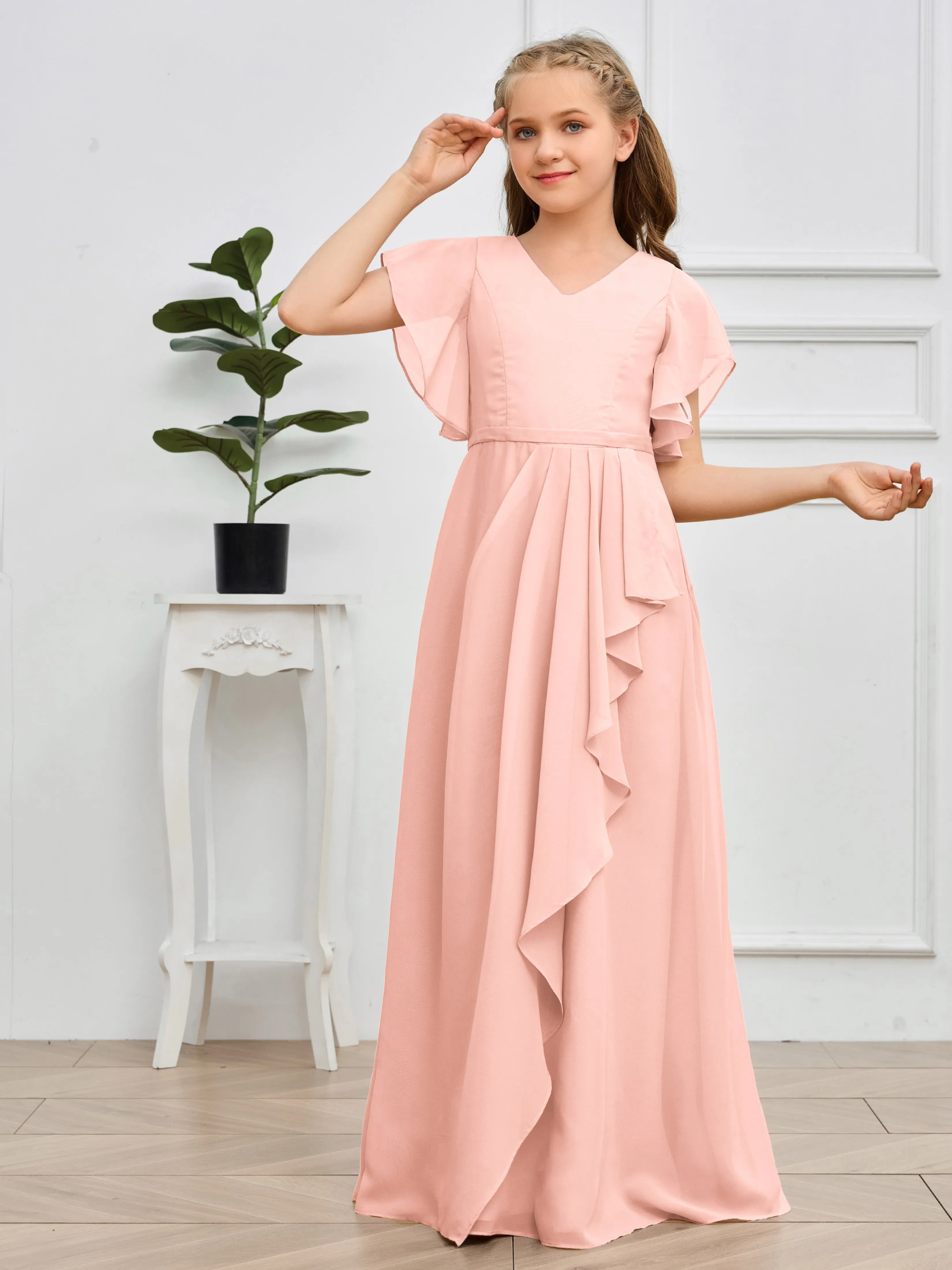 Pleats V Neck Chiffon Junior Bridesmaid Dress