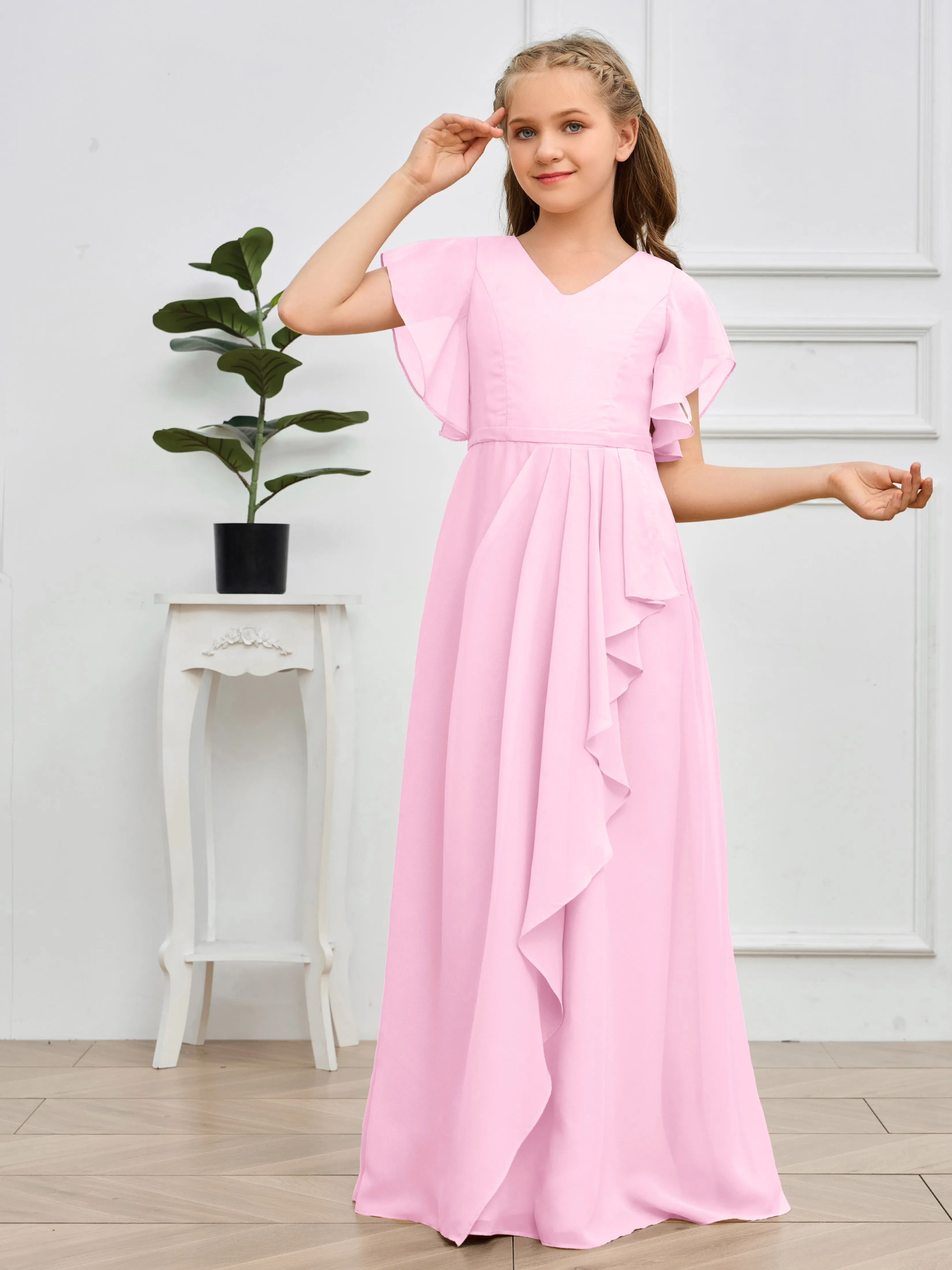 Pleats V Neck Chiffon Junior Bridesmaid Dress