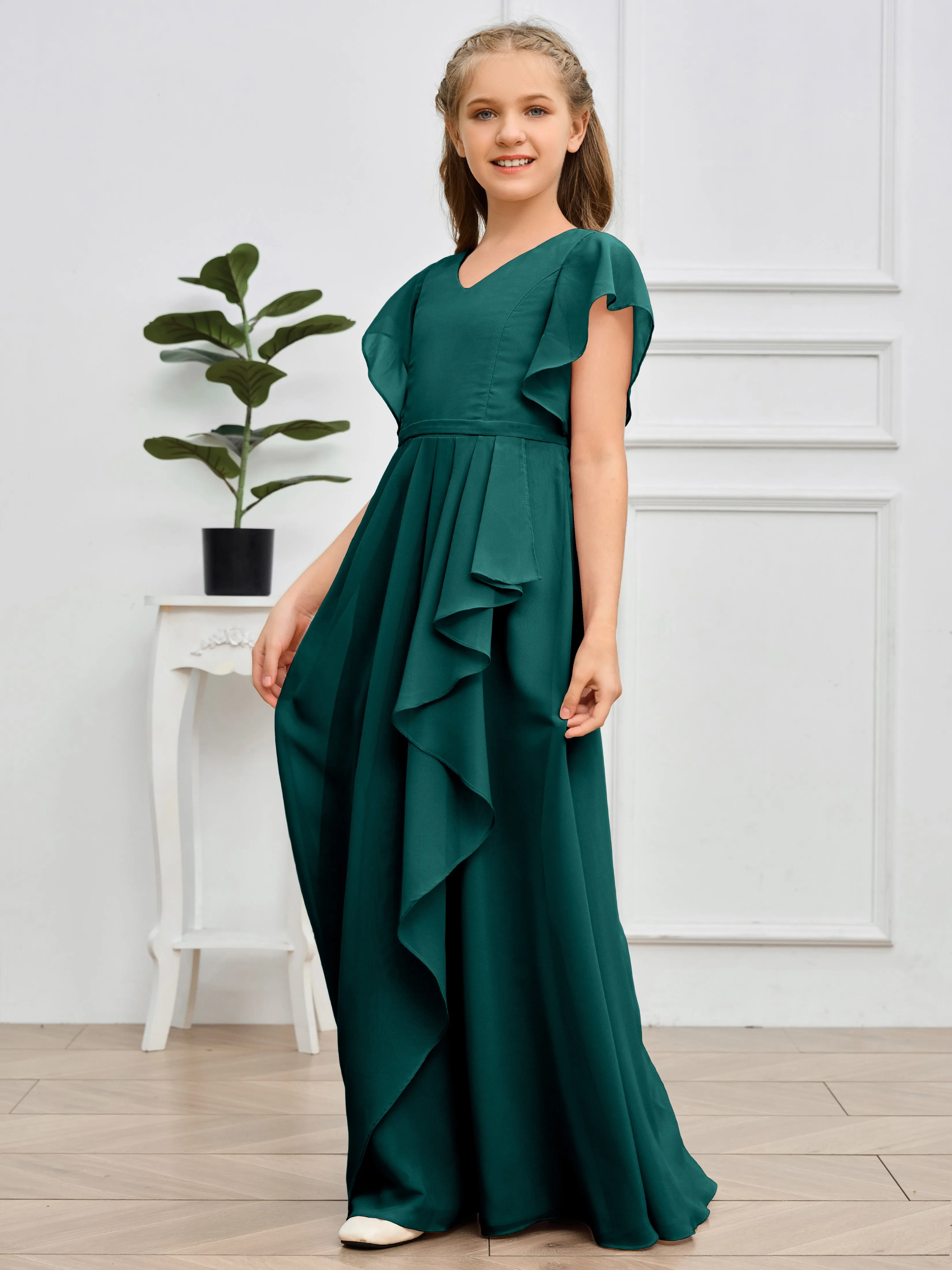 Pleats V Neck Chiffon Junior Bridesmaid Dress