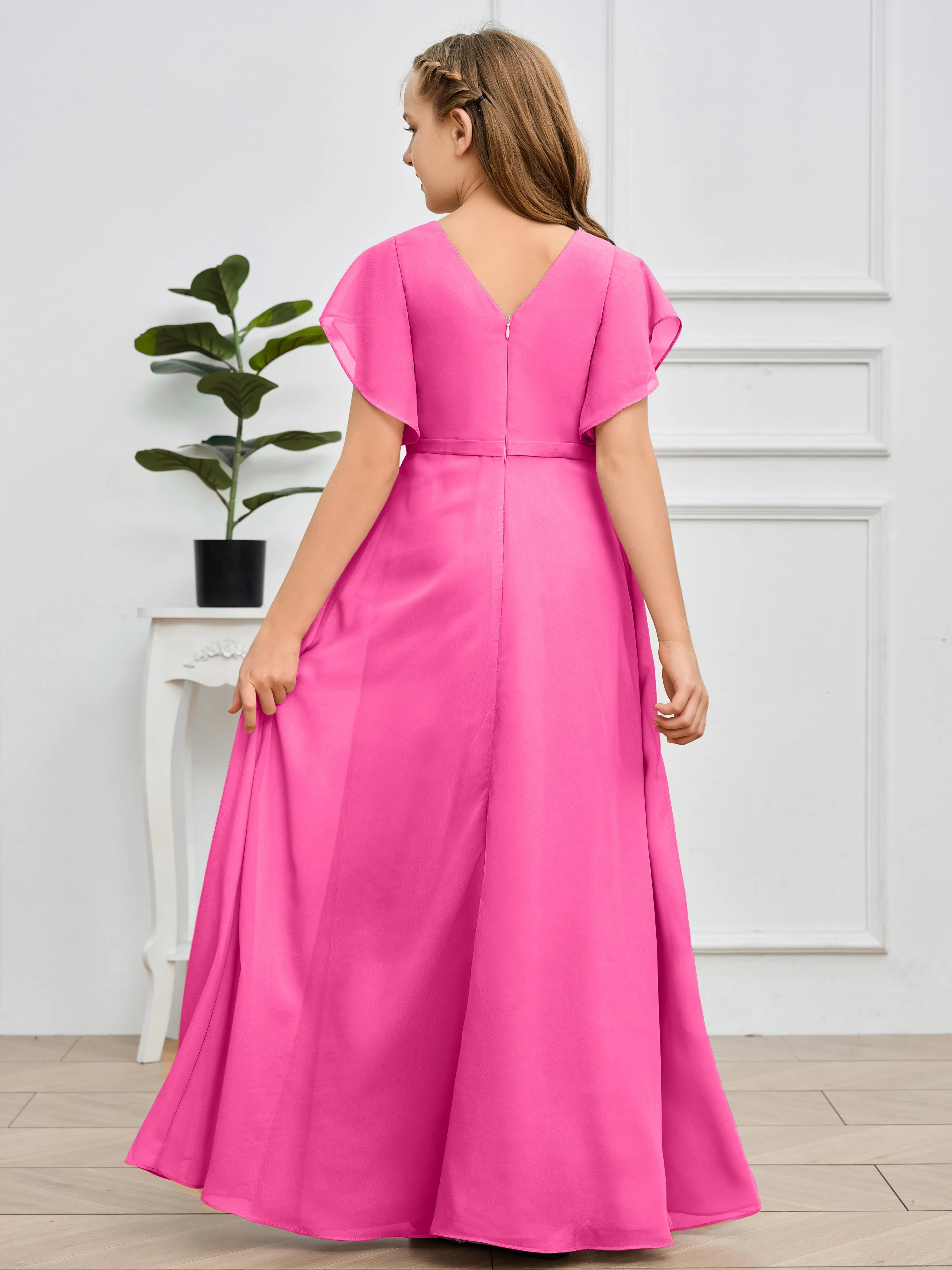 Pleats V Neck Chiffon Junior Bridesmaid Dress