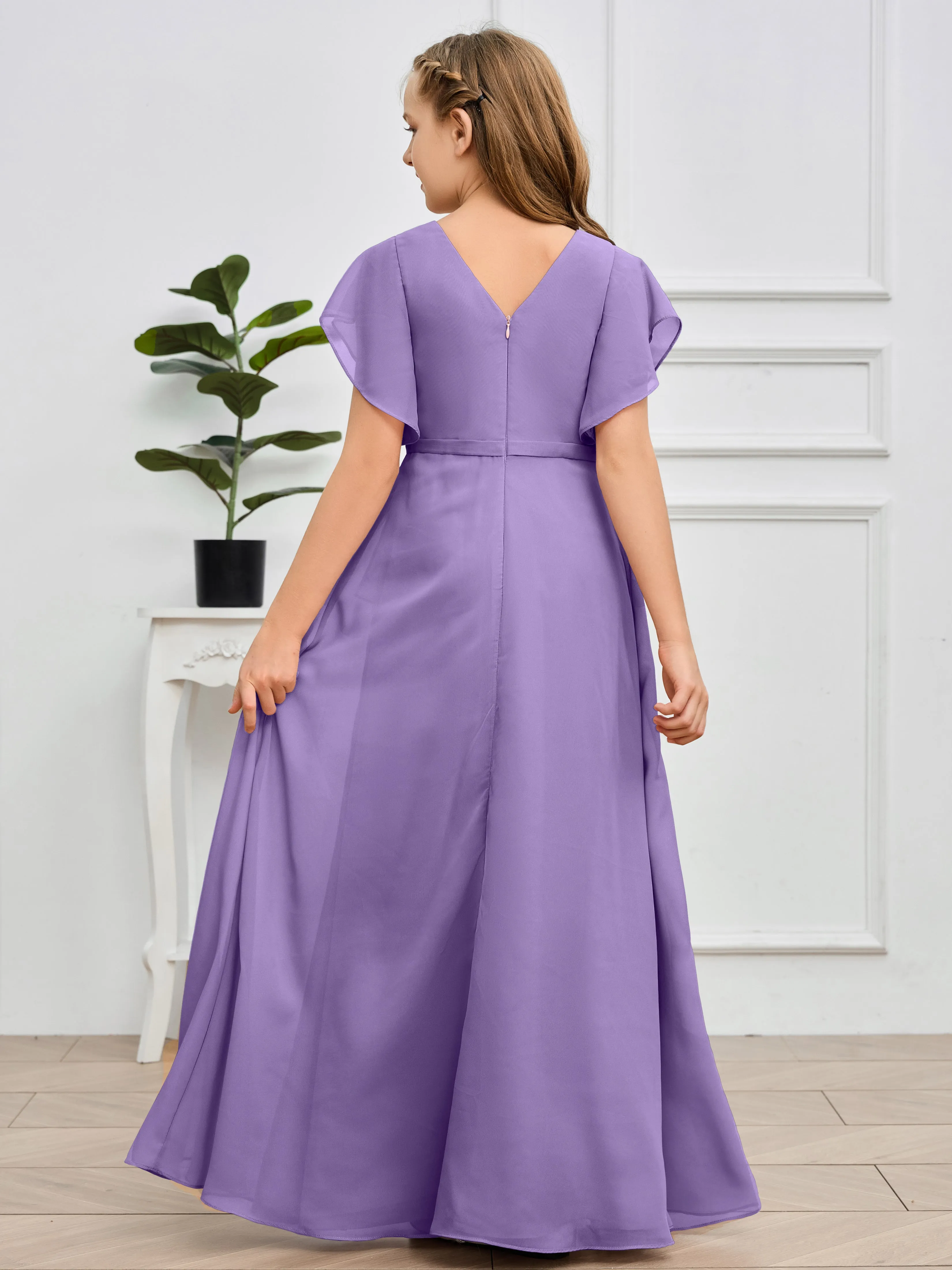 Pleats V Neck Chiffon Junior Bridesmaid Dress