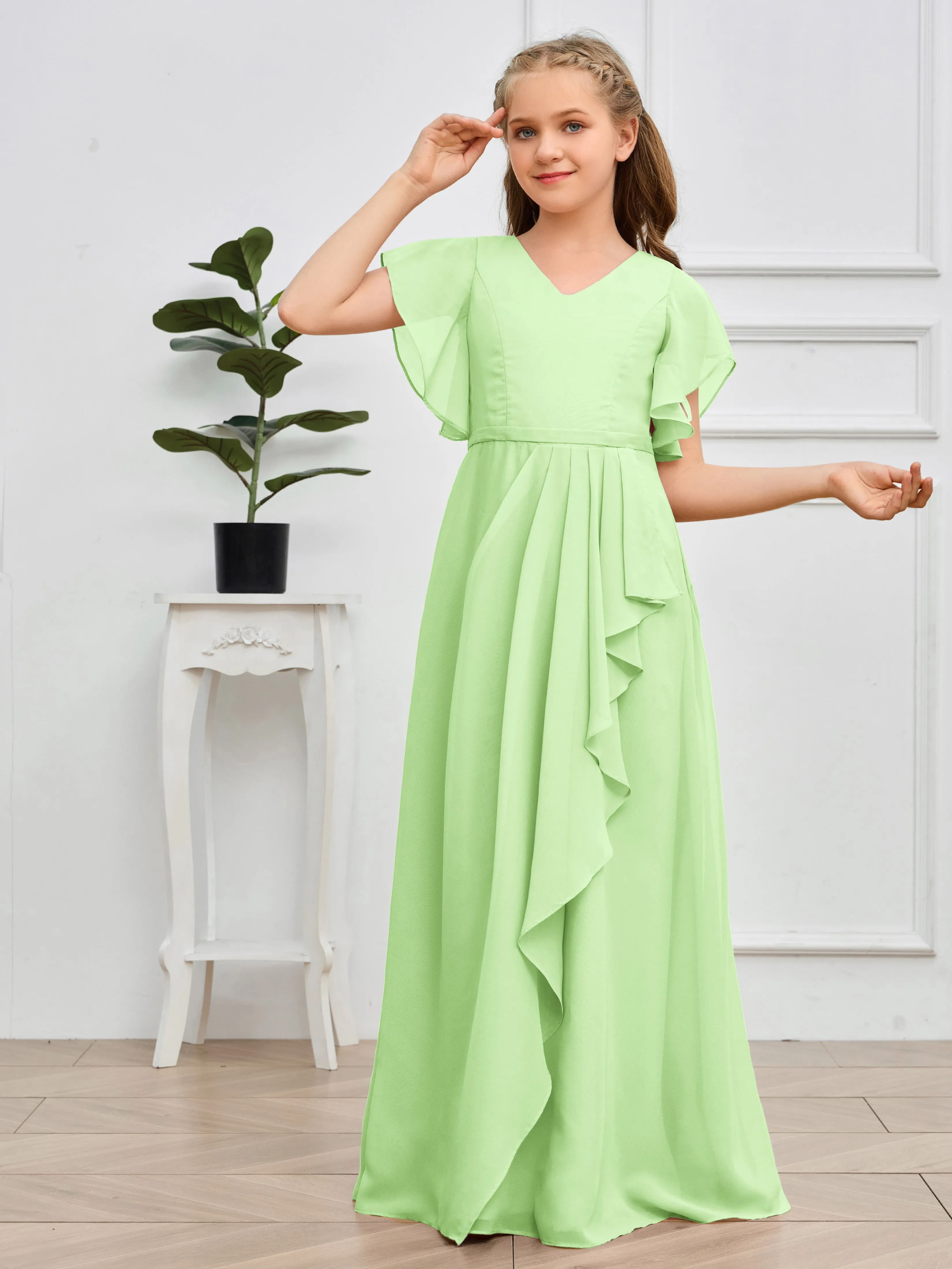 Pleats V Neck Chiffon Junior Bridesmaid Dress