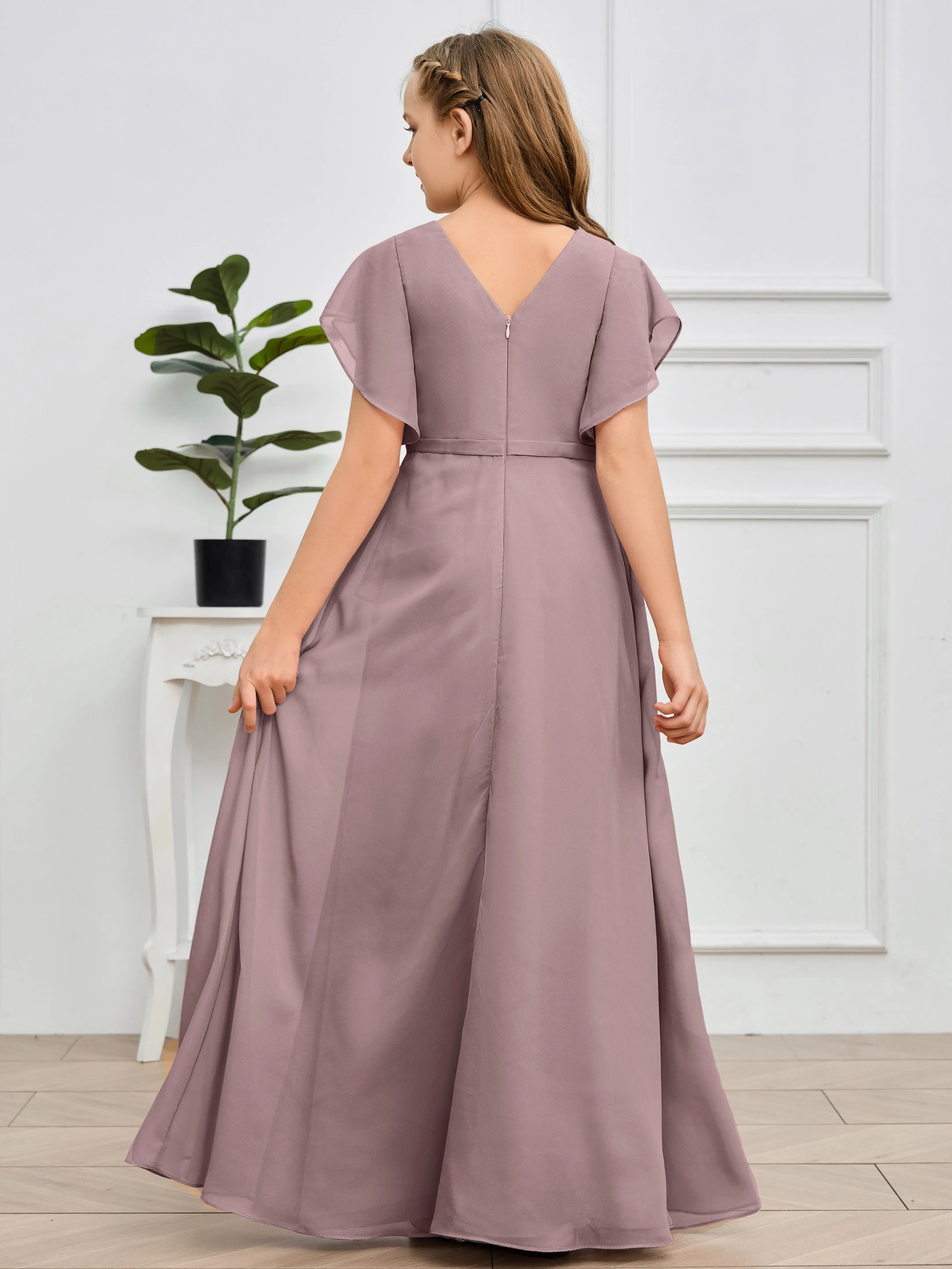 Pleats V Neck Chiffon Junior Bridesmaid Dress