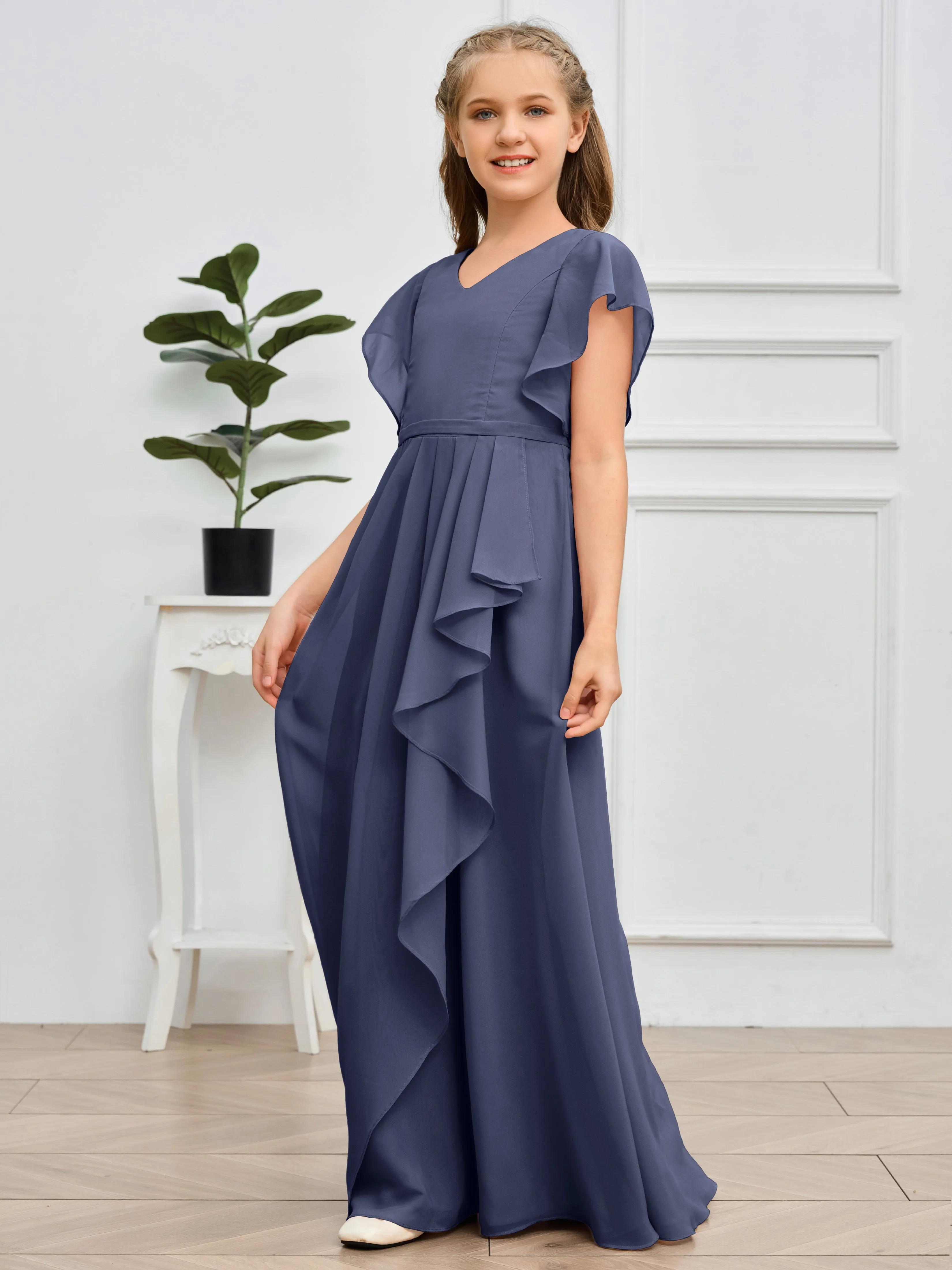 Pleats V Neck Chiffon Junior Bridesmaid Dress