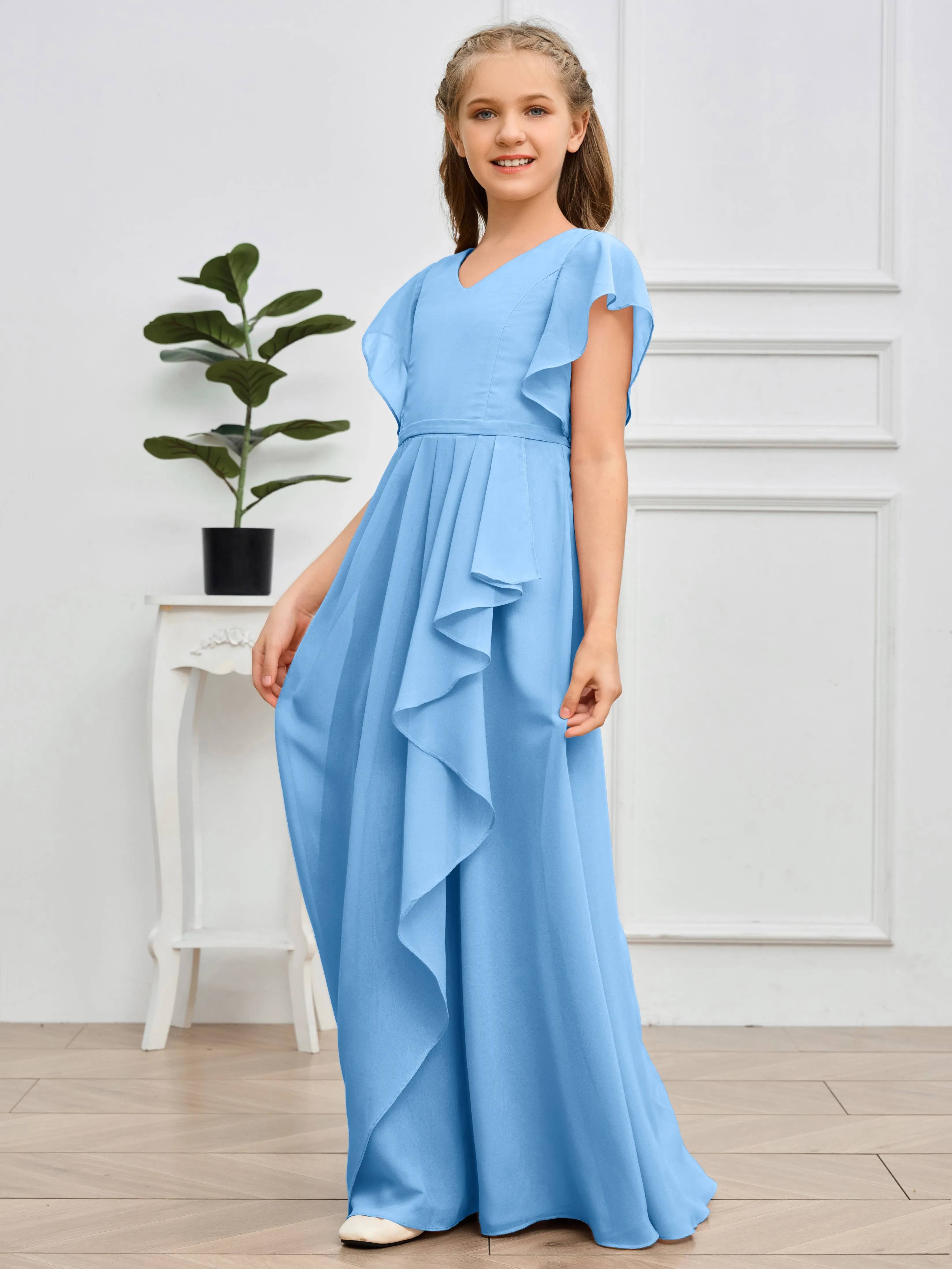 Pleats V Neck Chiffon Junior Bridesmaid Dress