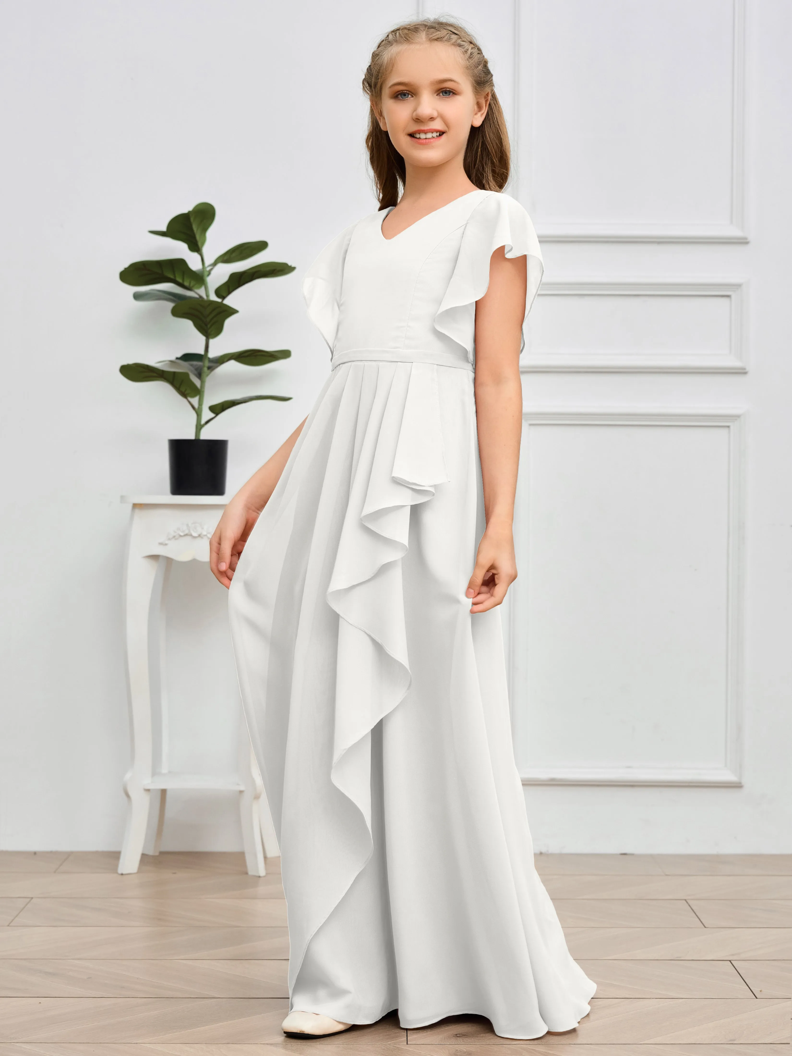 Pleats V Neck Chiffon Junior Bridesmaid Dress