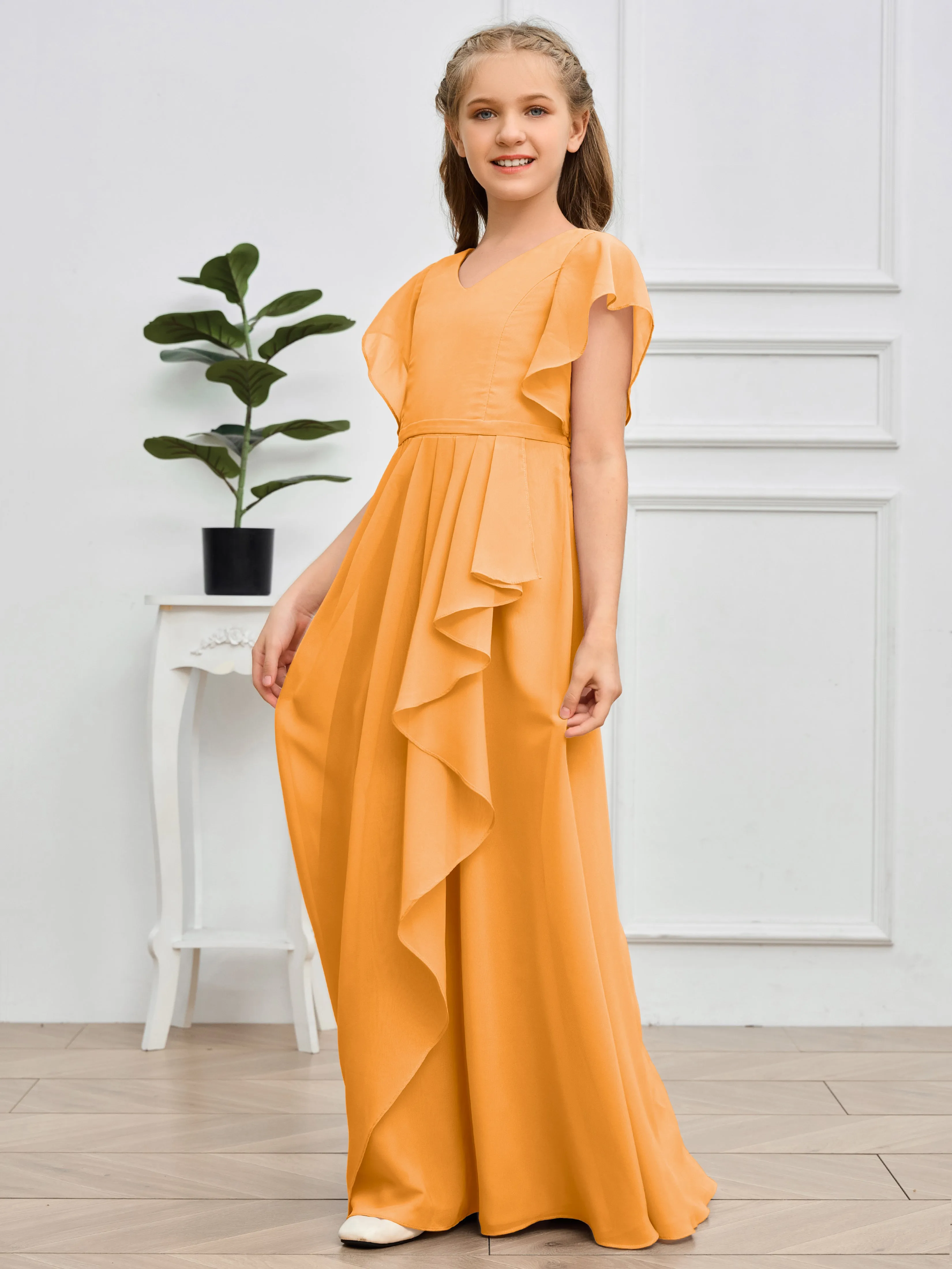 Pleats V Neck Chiffon Junior Bridesmaid Dress