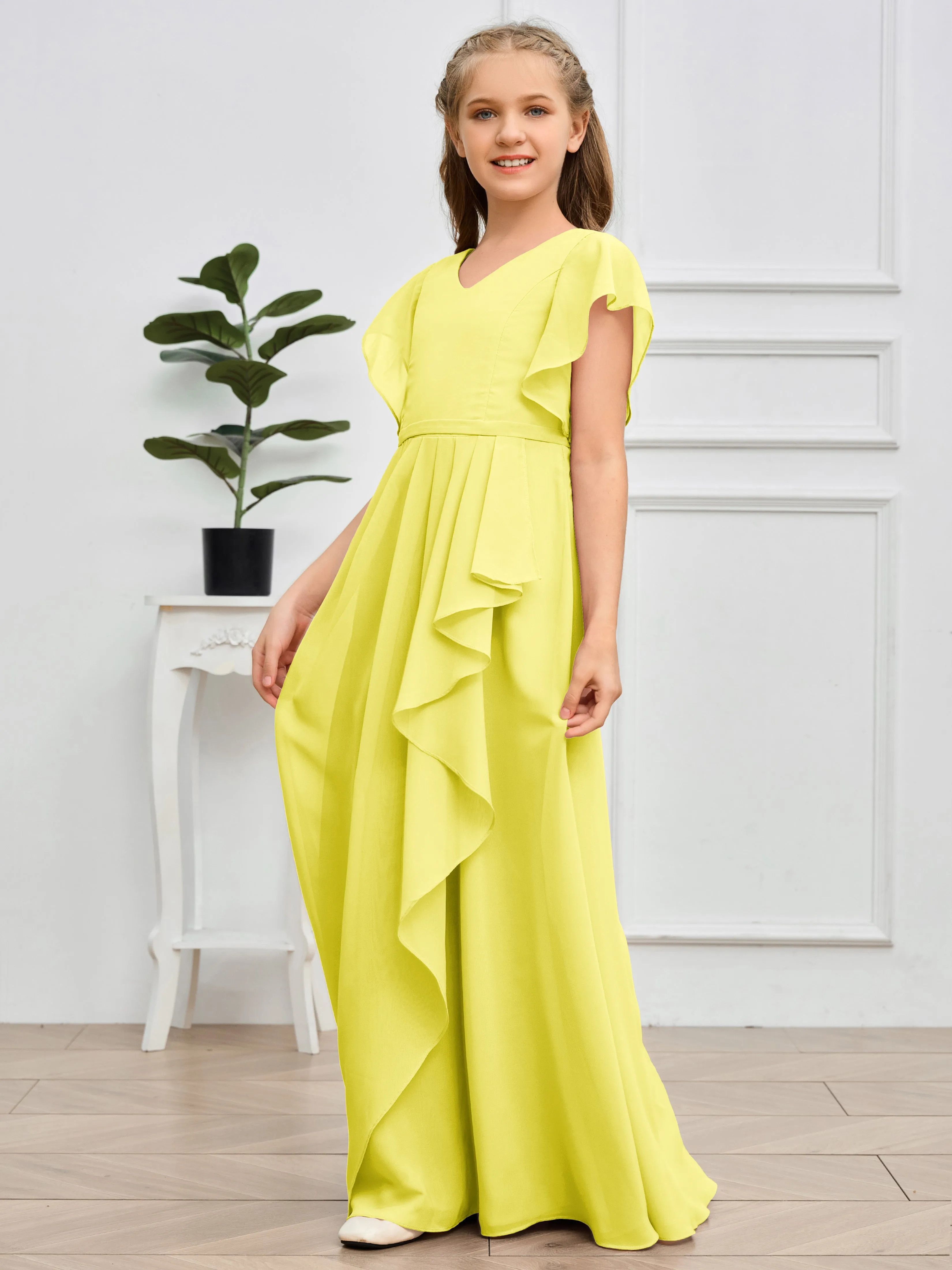 Pleats V Neck Chiffon Junior Bridesmaid Dress