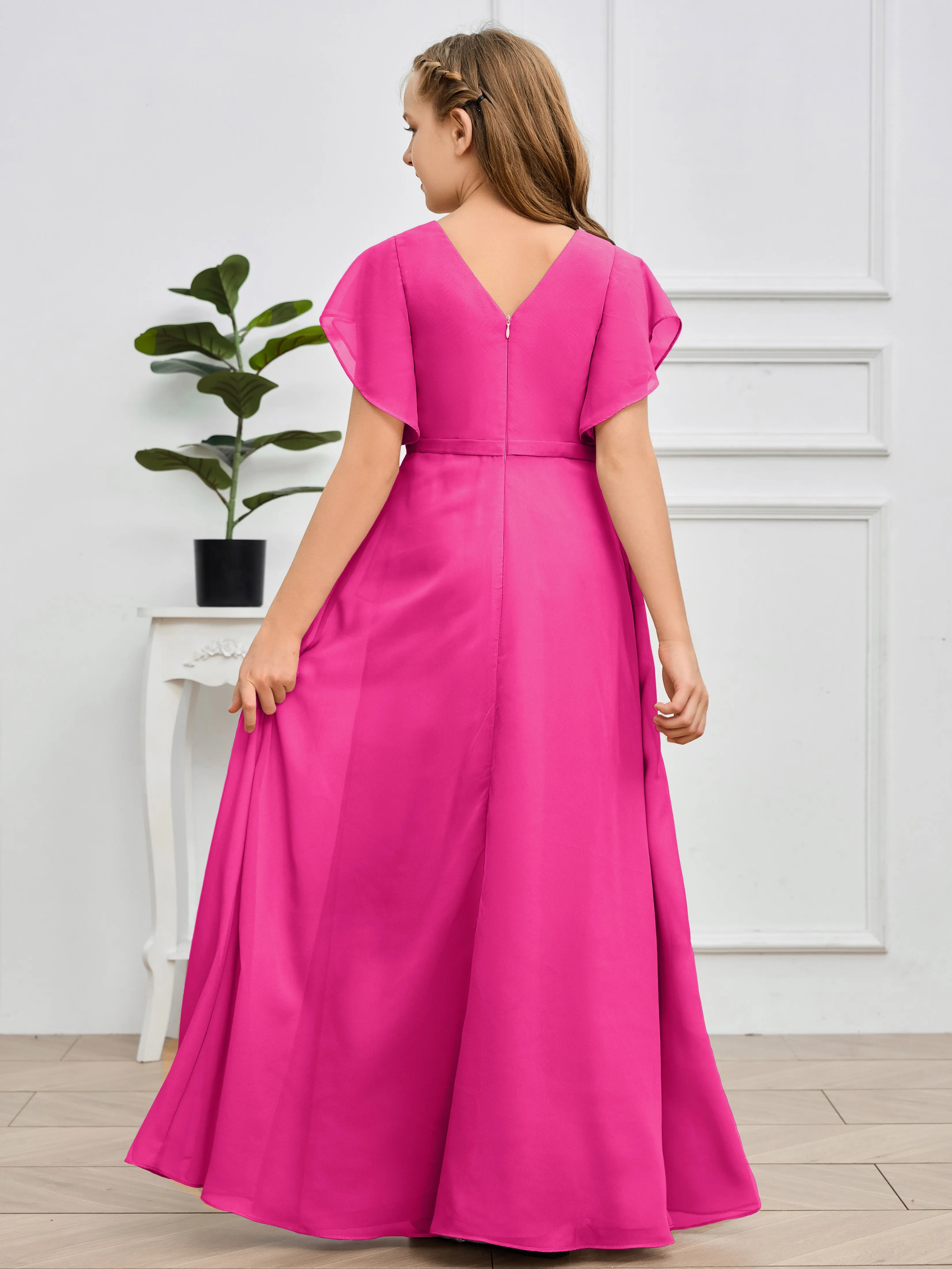 Pleats V Neck Chiffon Junior Bridesmaid Dress