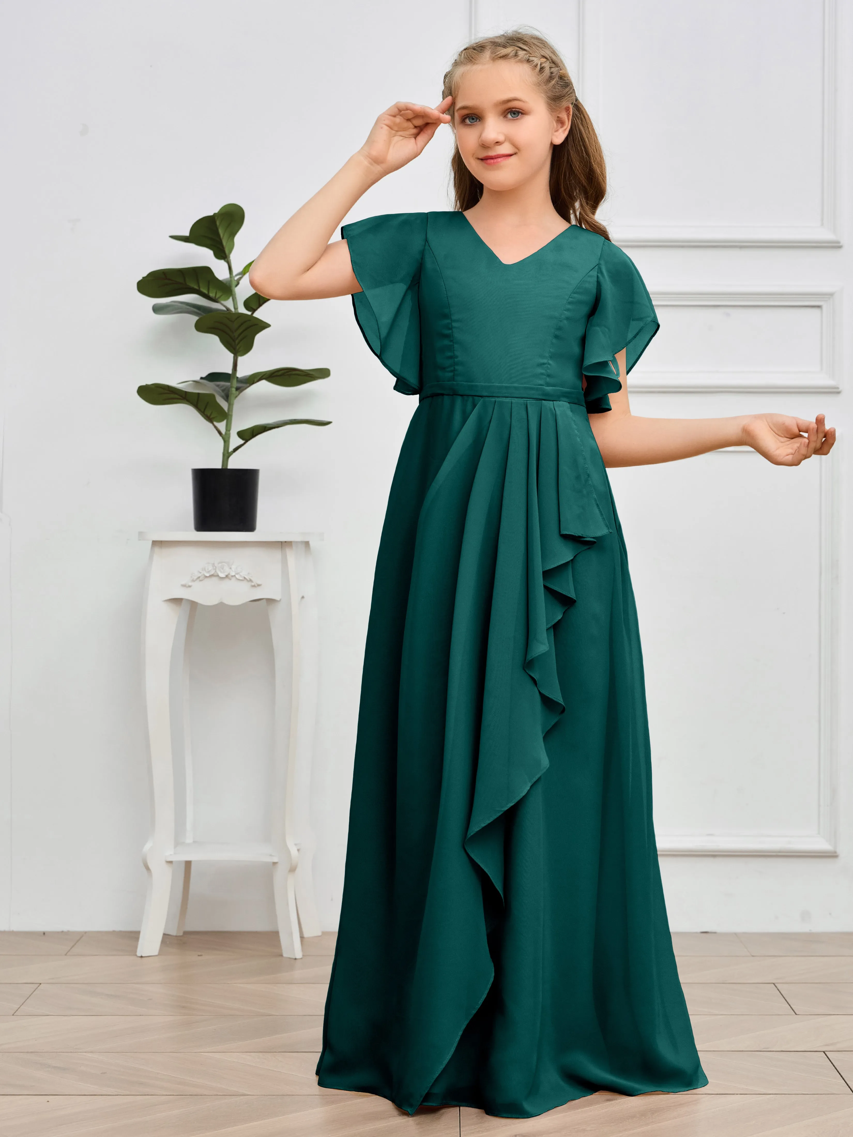 Pleats V Neck Chiffon Junior Bridesmaid Dress