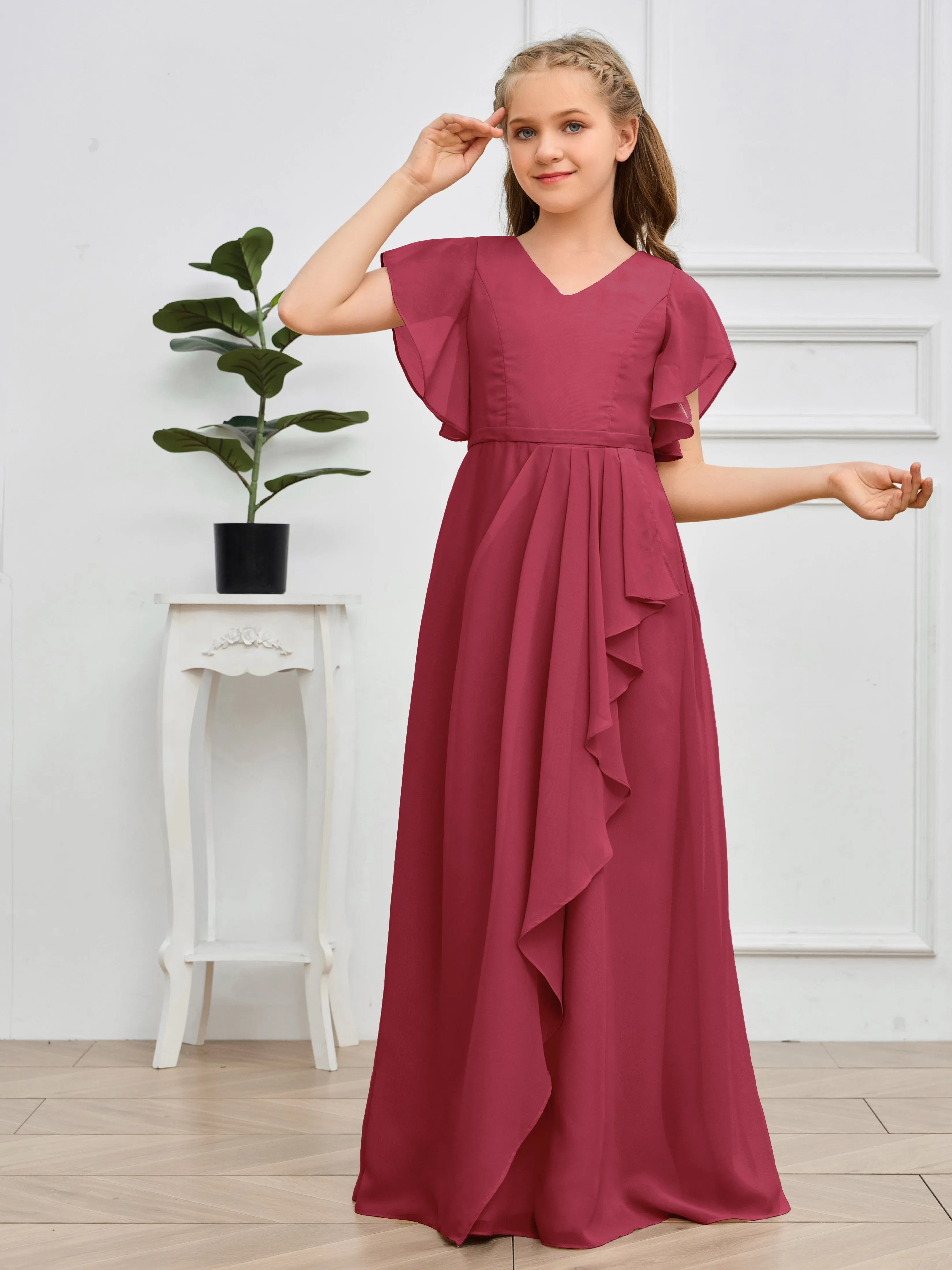 Pleats V Neck Chiffon Junior Bridesmaid Dress