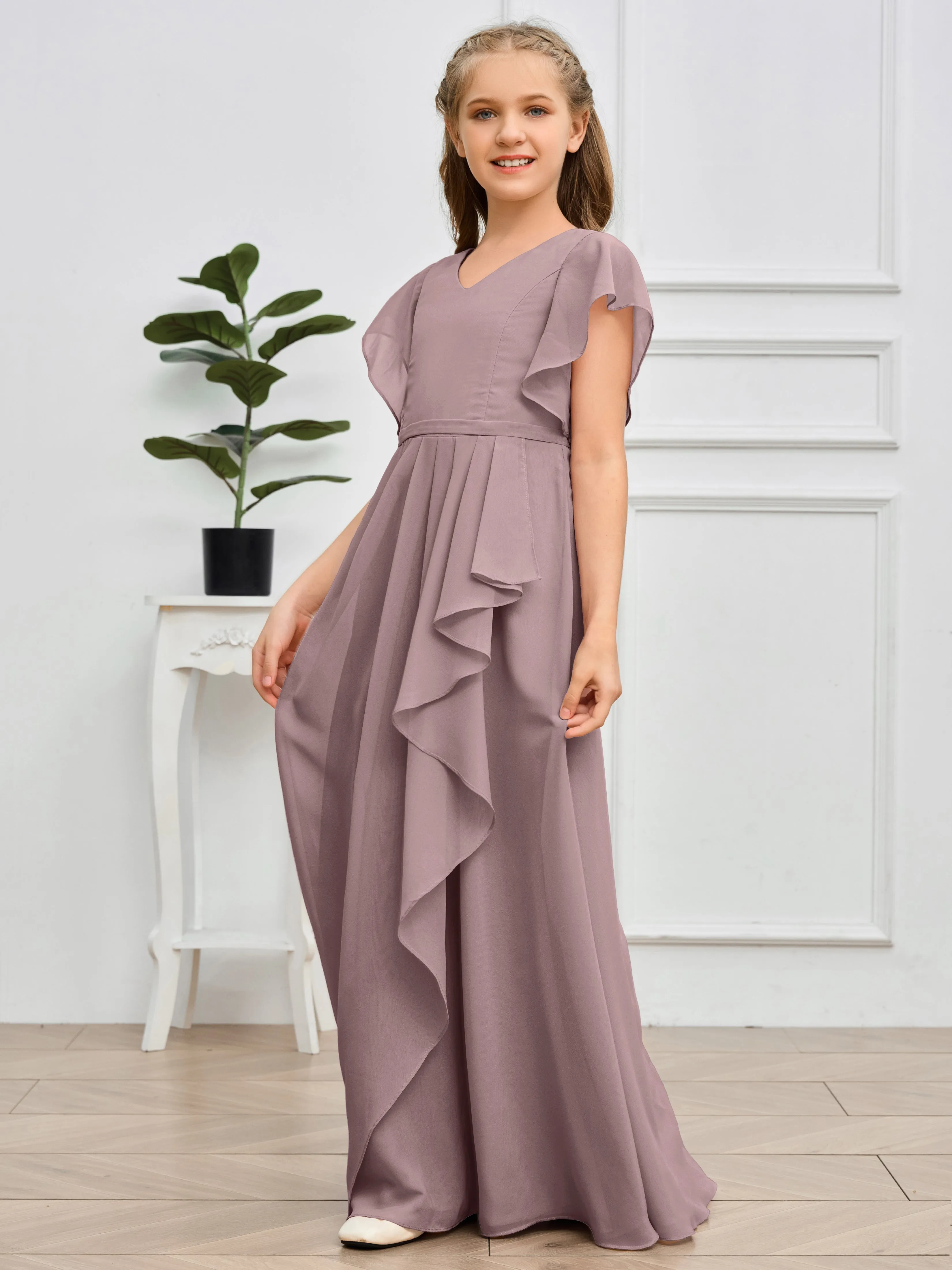 Pleats V Neck Chiffon Junior Bridesmaid Dress