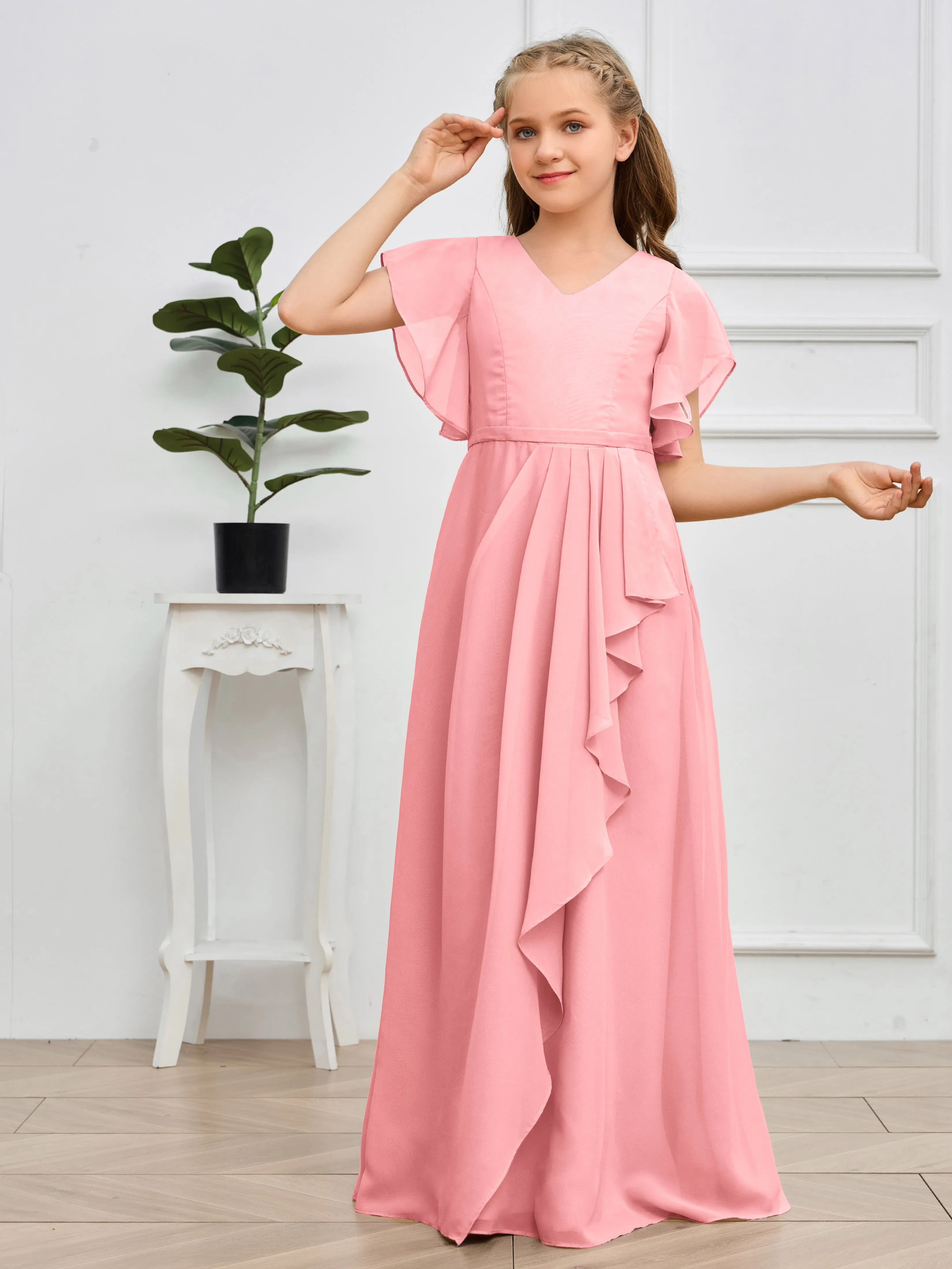 Pleats V Neck Chiffon Junior Bridesmaid Dress