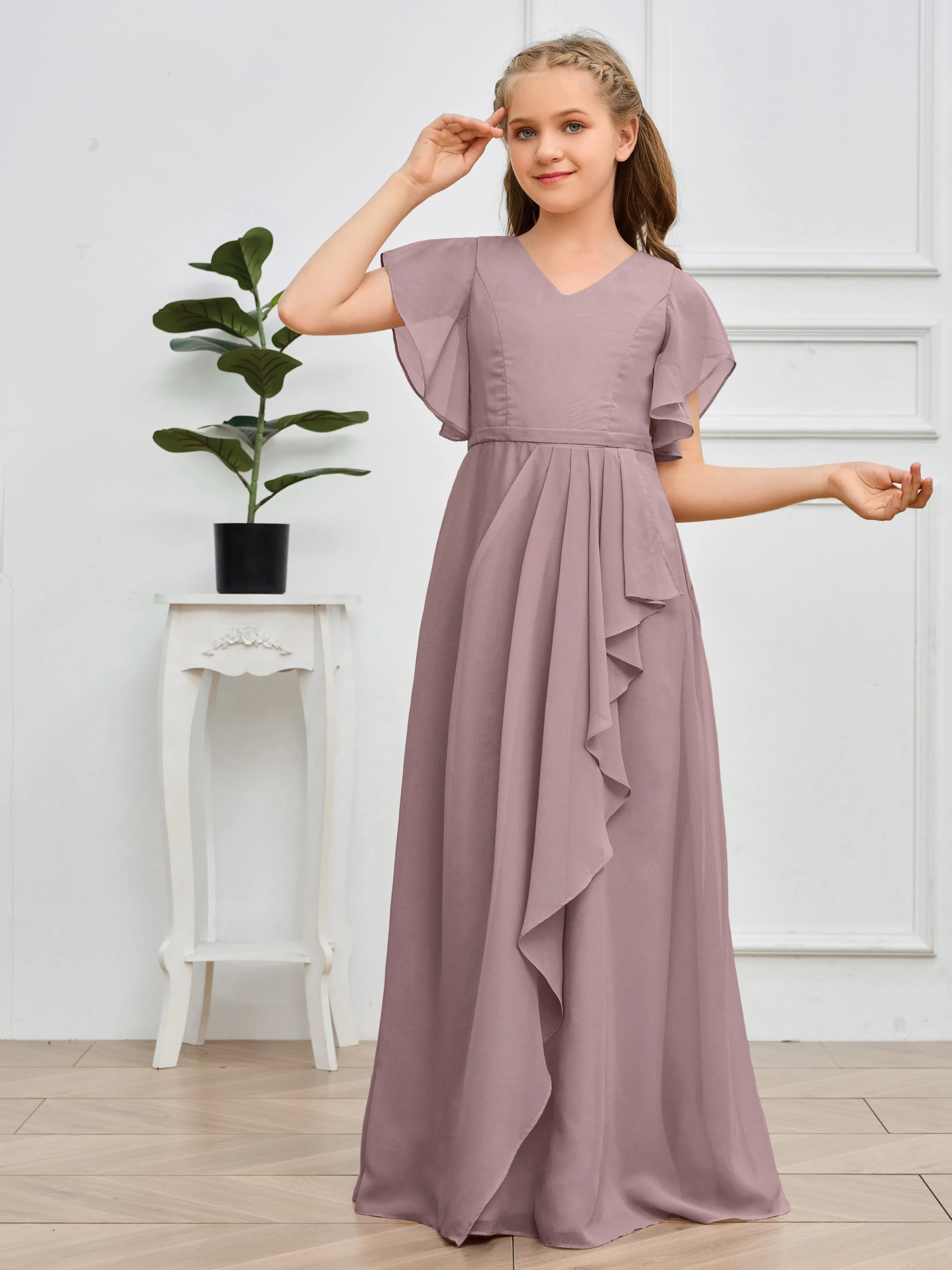 Pleats V Neck Chiffon Junior Bridesmaid Dress