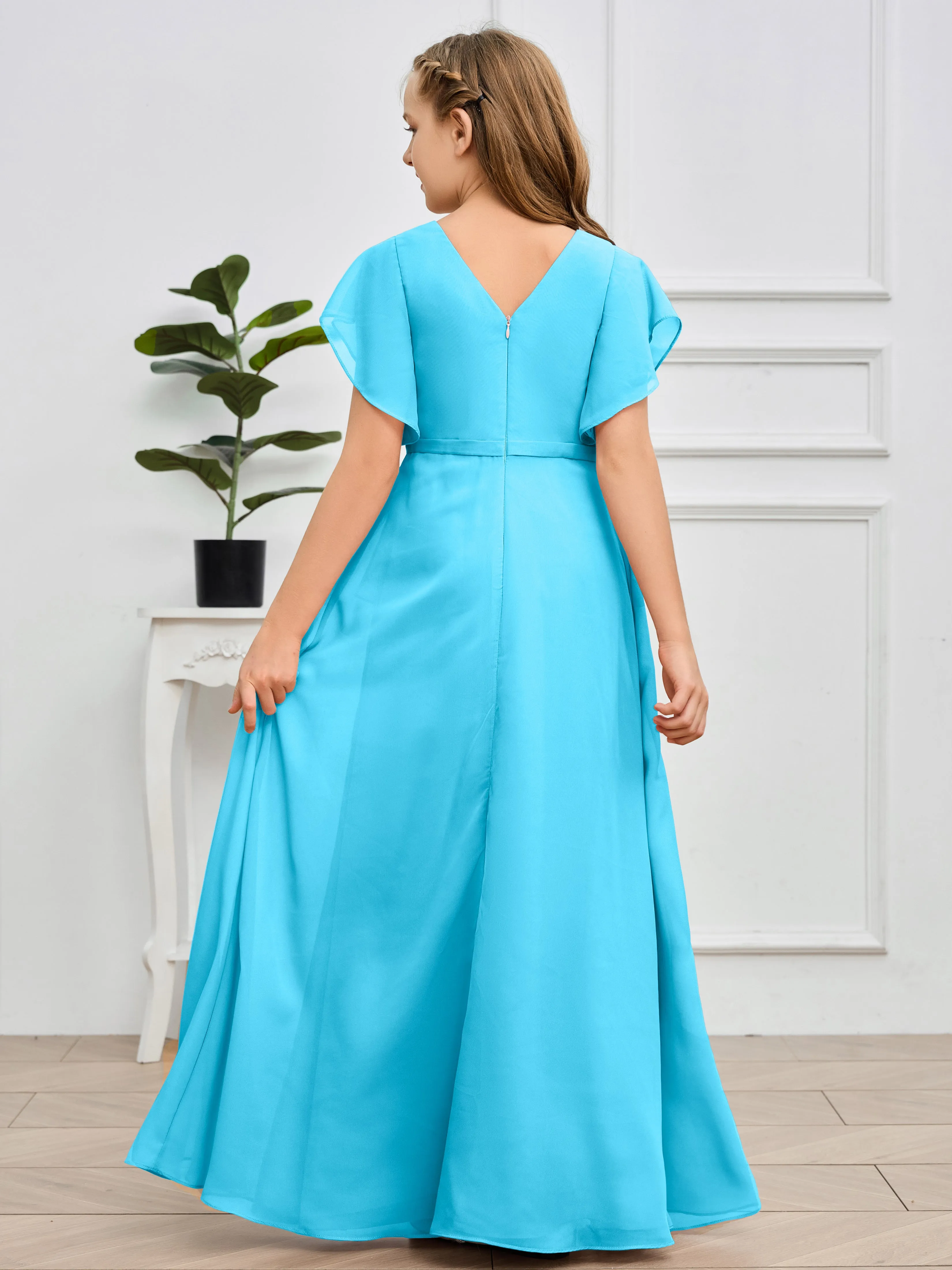 Pleats V Neck Chiffon Junior Bridesmaid Dress