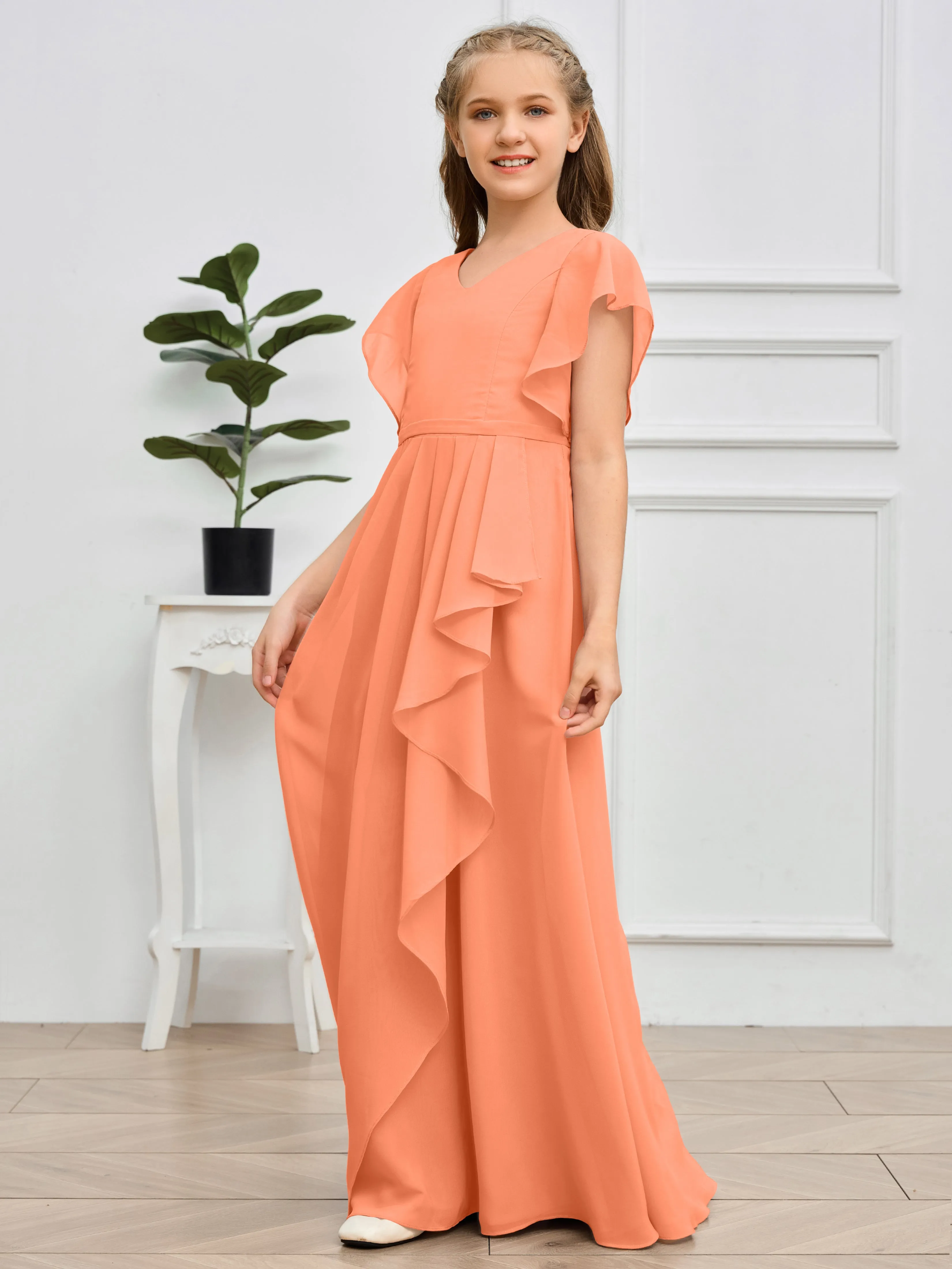 Pleats V Neck Chiffon Junior Bridesmaid Dress