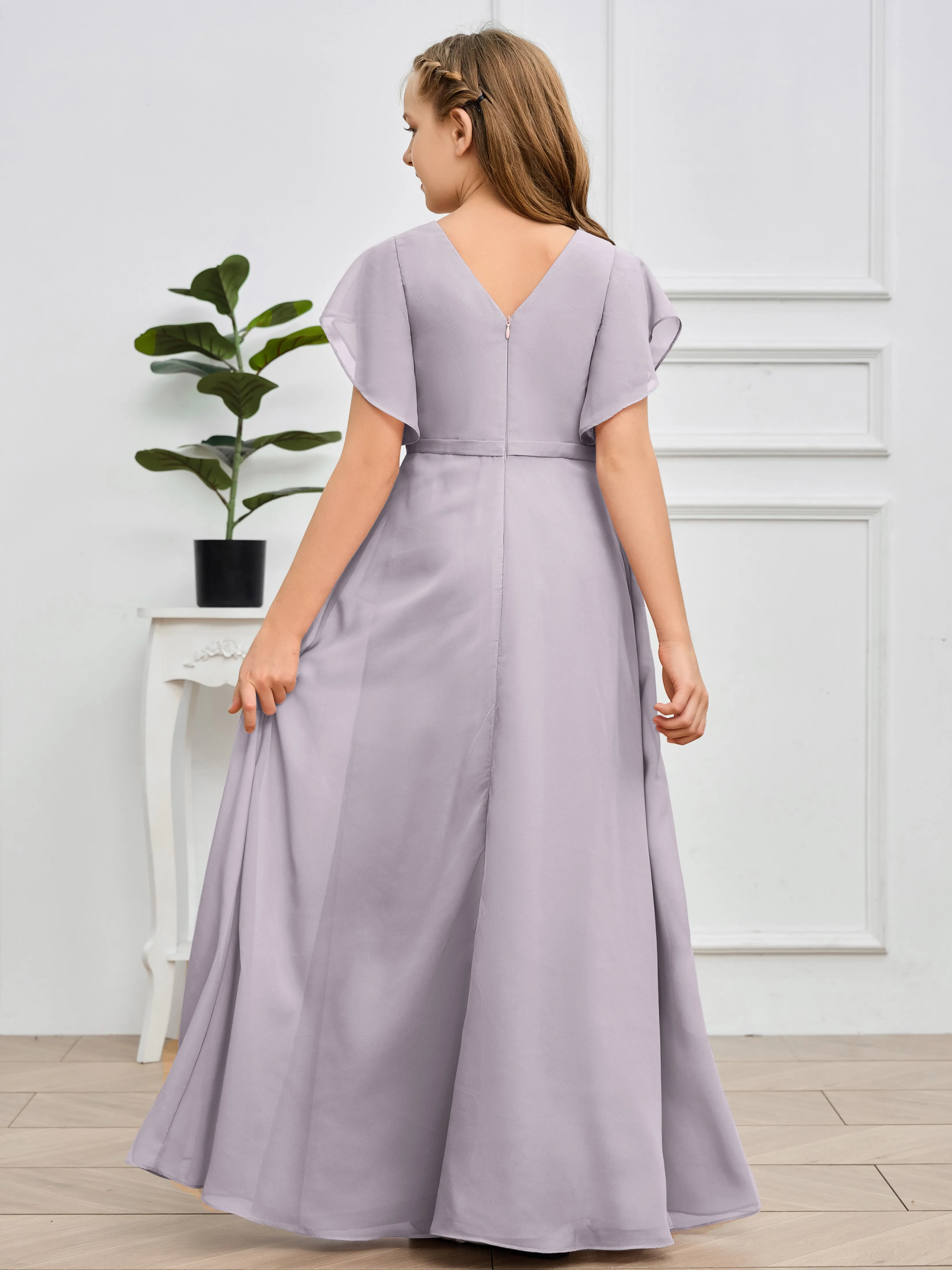 Pleats V Neck Chiffon Junior Bridesmaid Dress