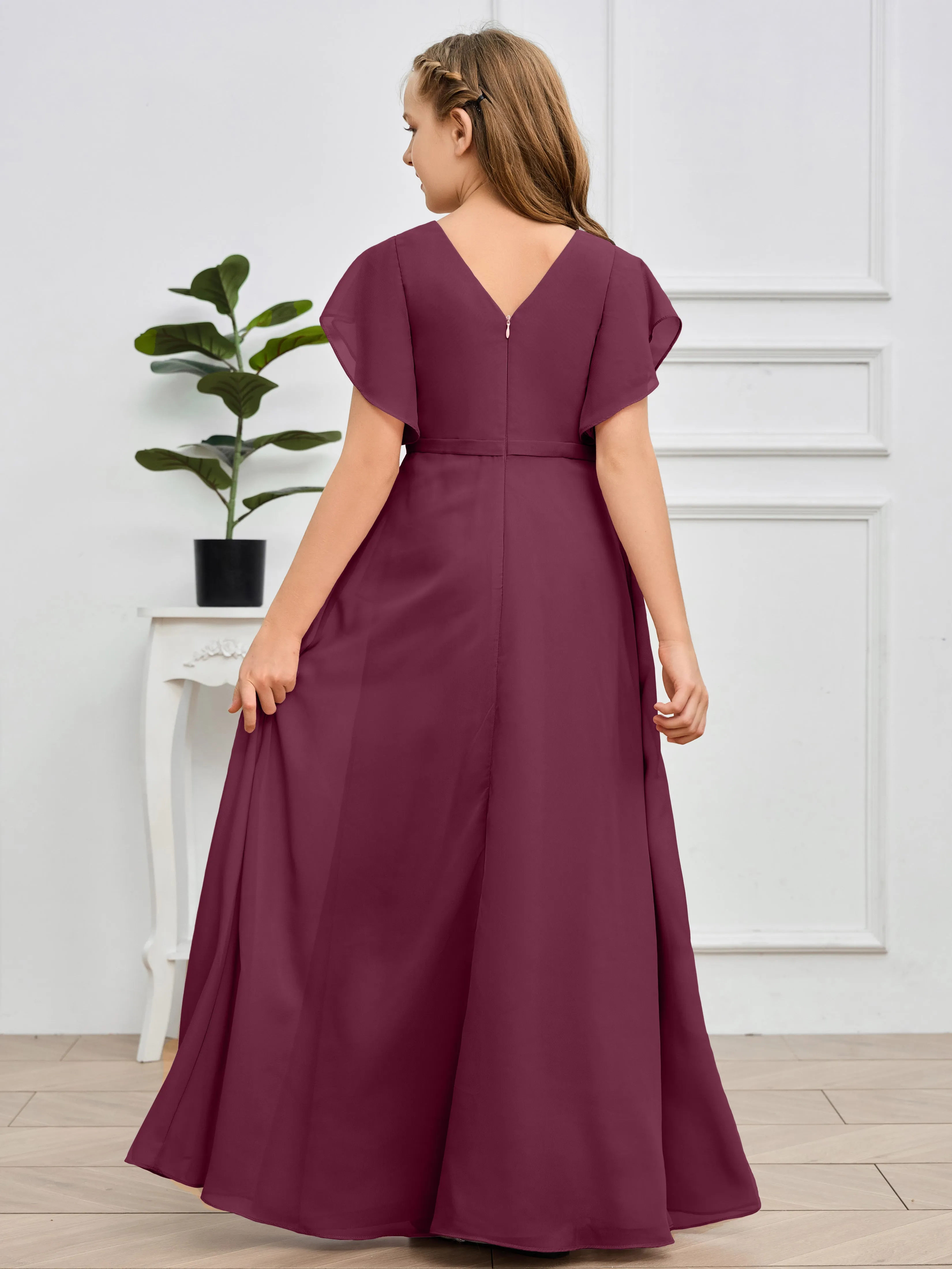 Pleats V Neck Chiffon Junior Bridesmaid Dress