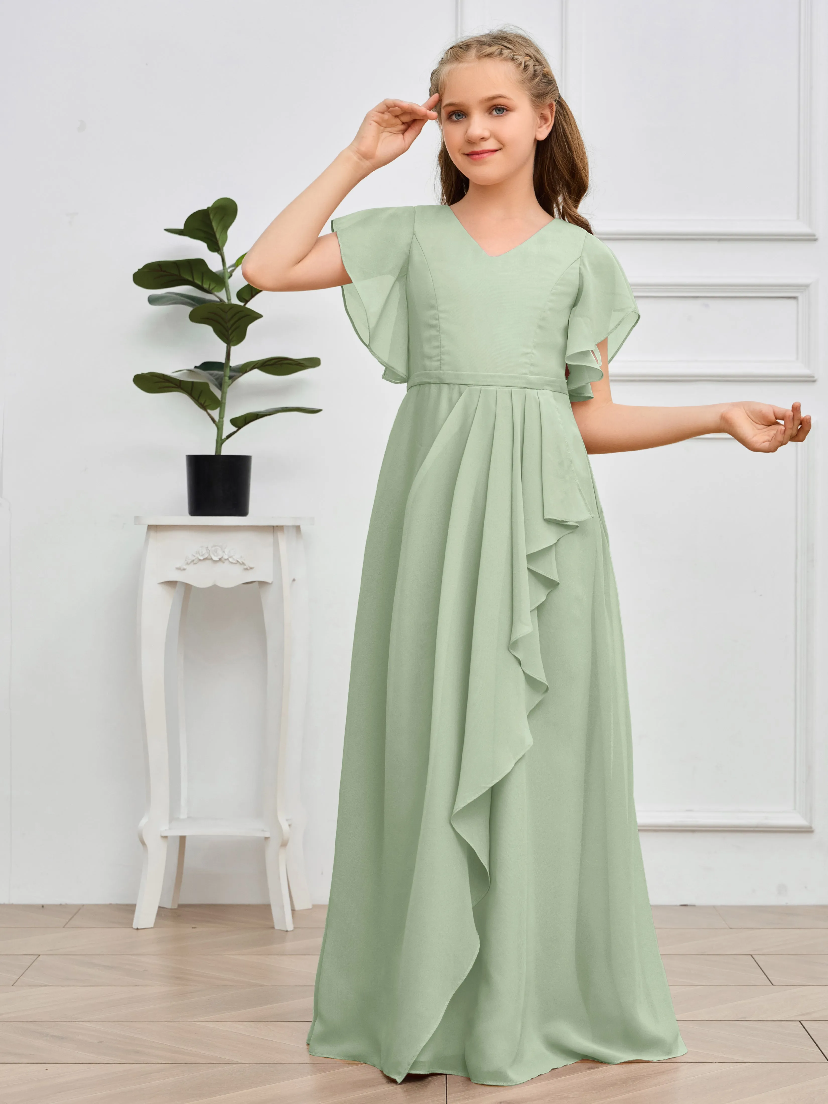 Pleats V Neck Chiffon Junior Bridesmaid Dress