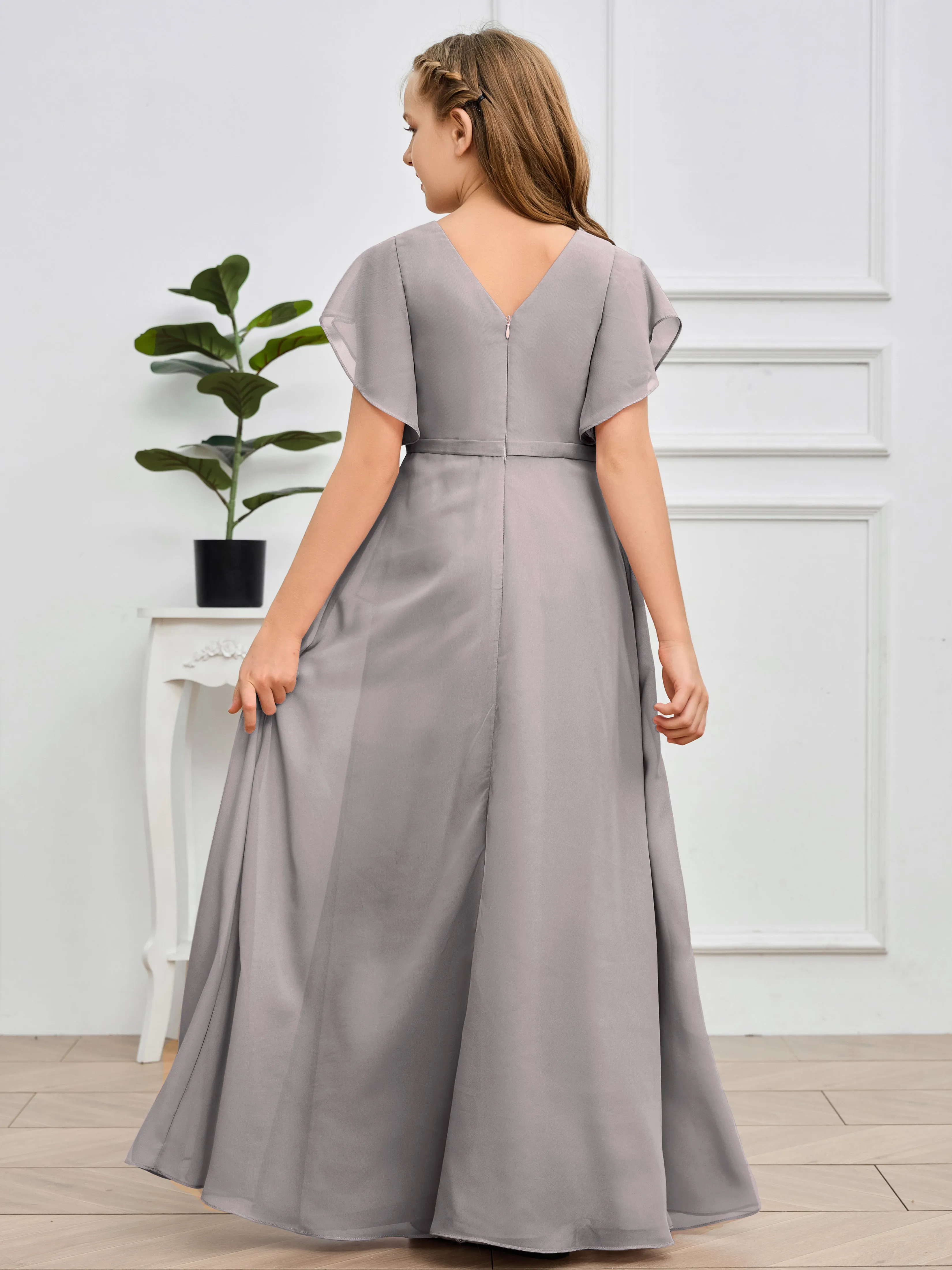 Pleats V Neck Chiffon Junior Bridesmaid Dress