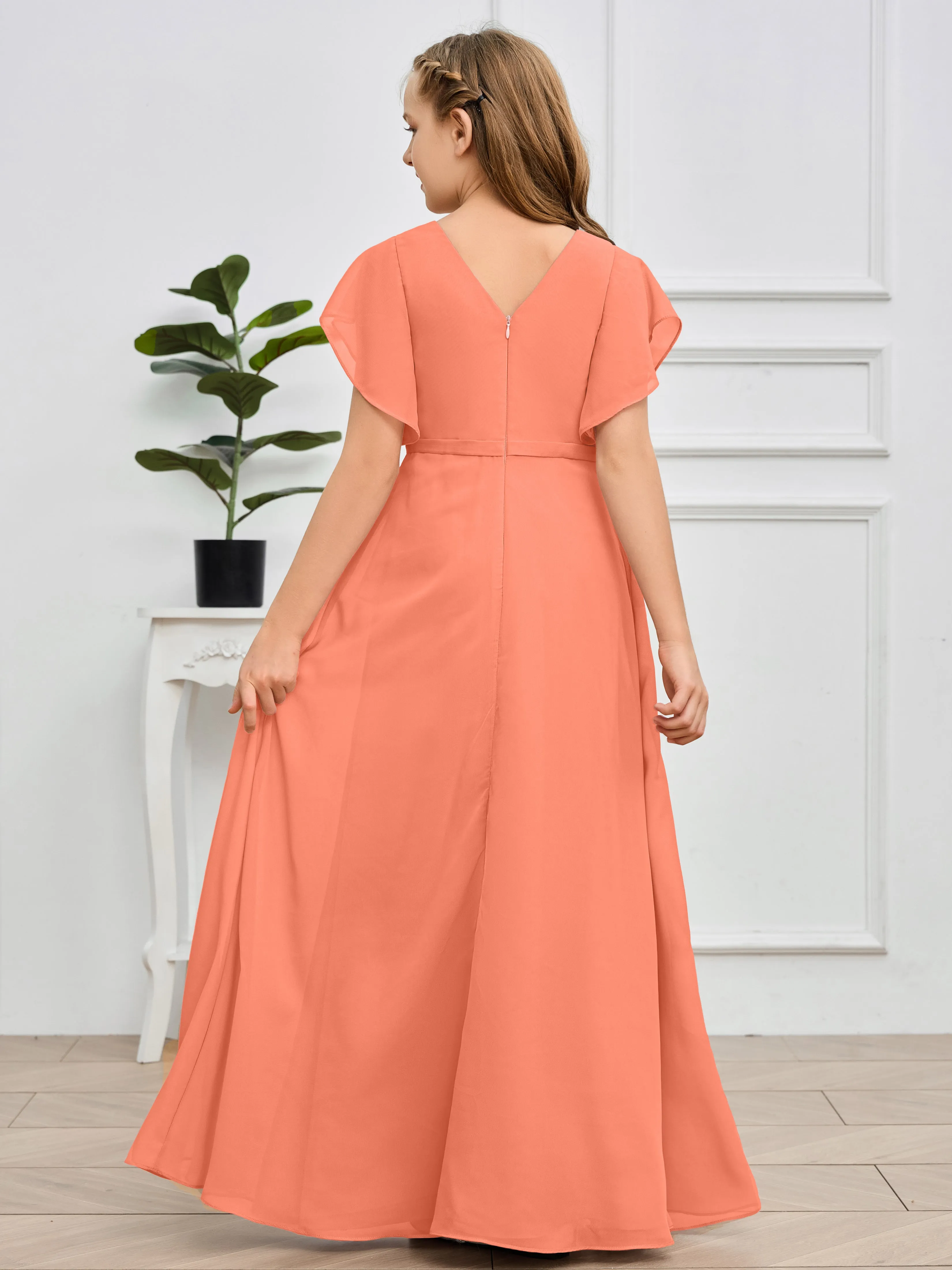 Pleats V Neck Chiffon Junior Bridesmaid Dress