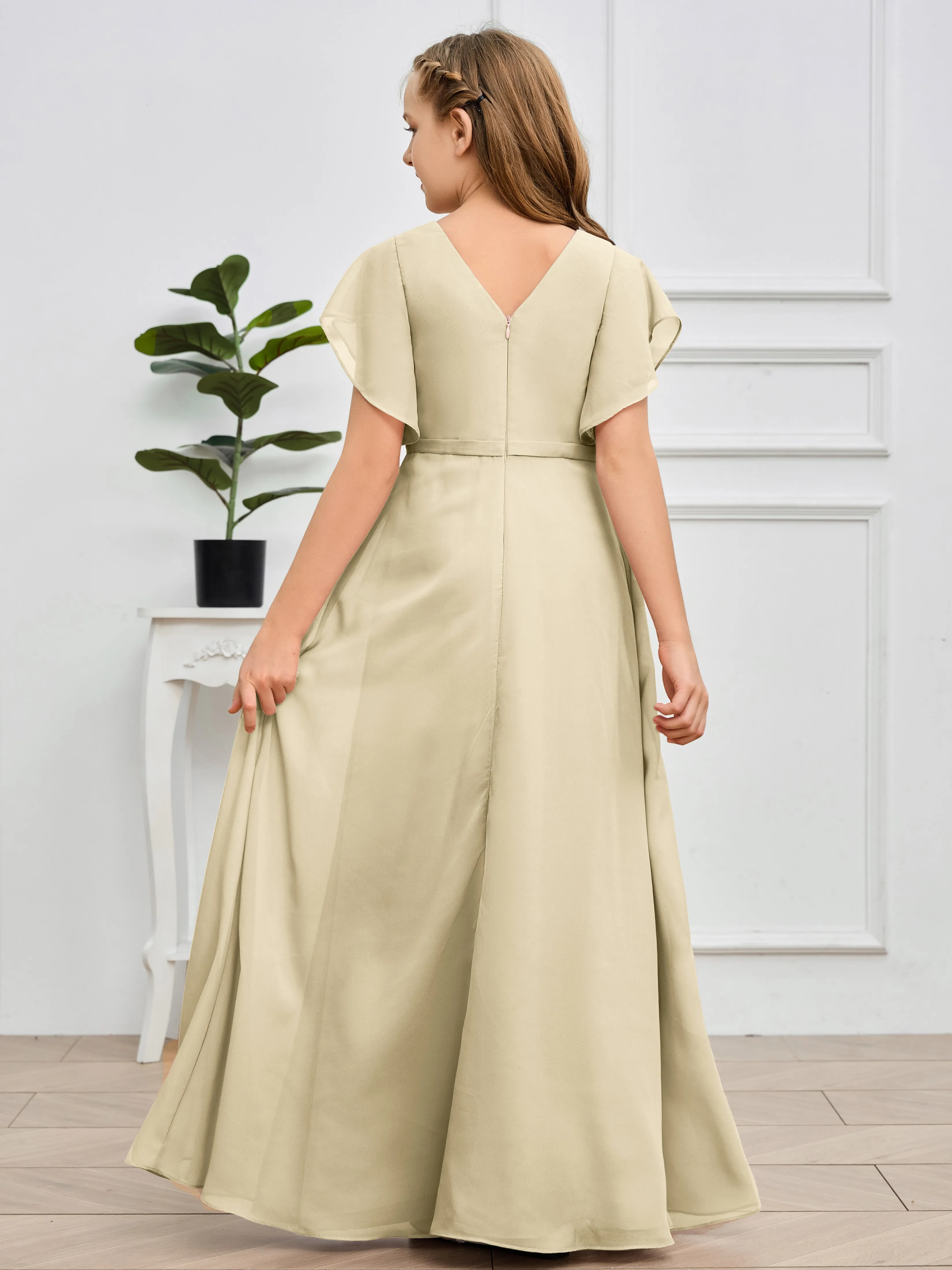 Pleats V Neck Chiffon Junior Bridesmaid Dress