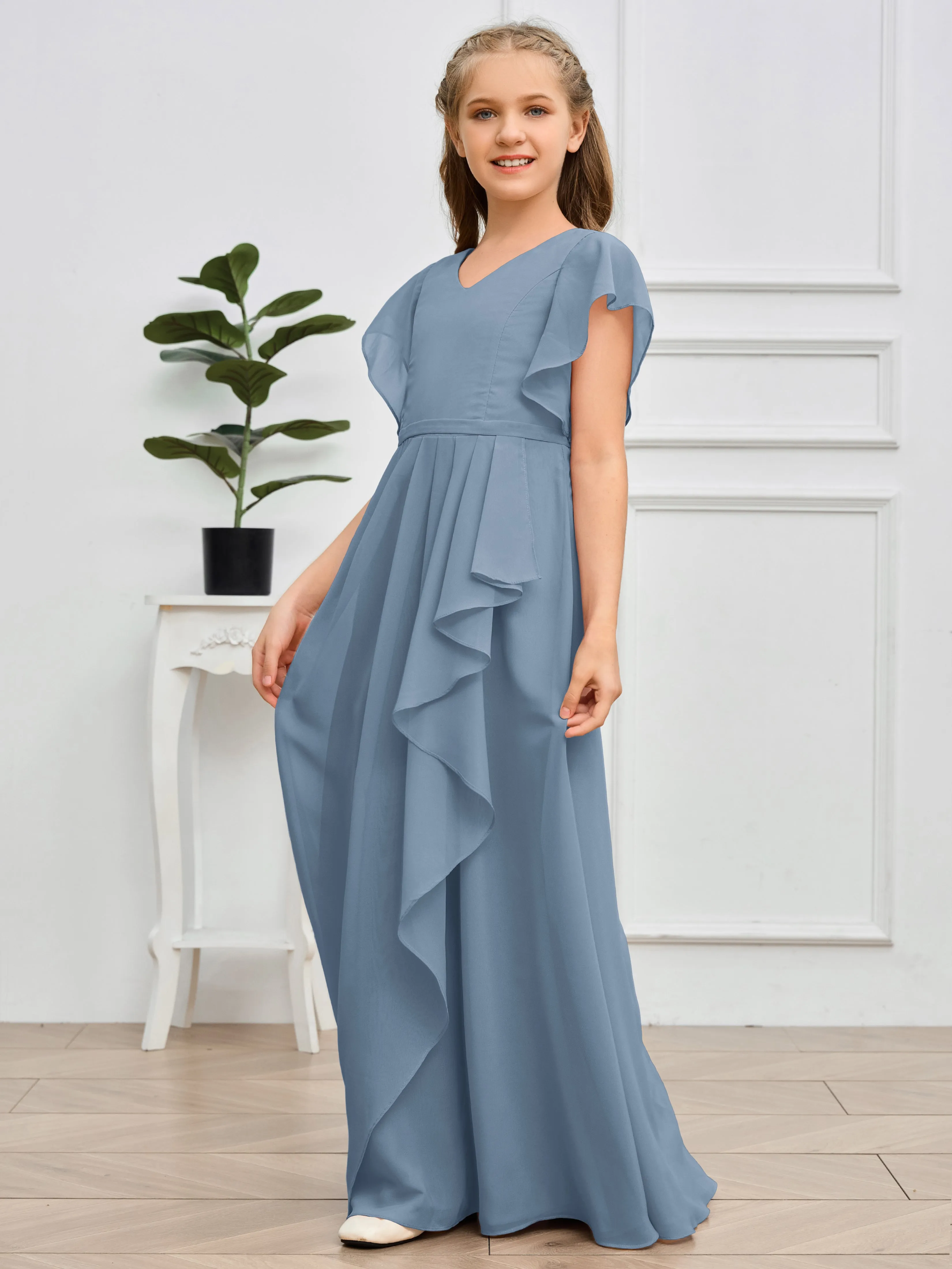 Pleats V Neck Chiffon Junior Bridesmaid Dress