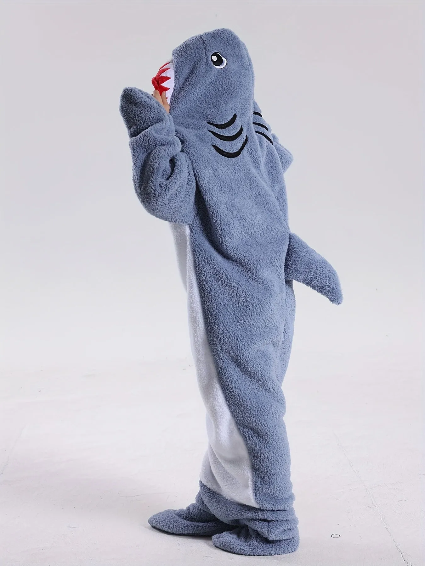 Plus Size Cute Lounge Onesies, Women's Cartoon Shark Fall/Winter Flannel Hoodie Wearable Blanket For Halloween & Christmas Costume