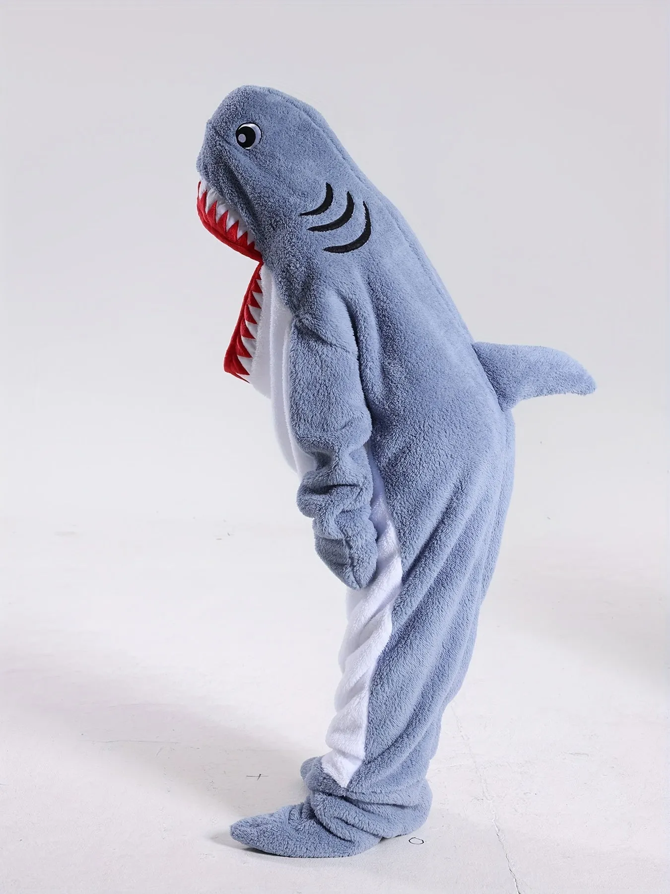 Plus Size Cute Lounge Onesies, Women's Cartoon Shark Fall/Winter Flannel Hoodie Wearable Blanket For Halloween & Christmas Costume