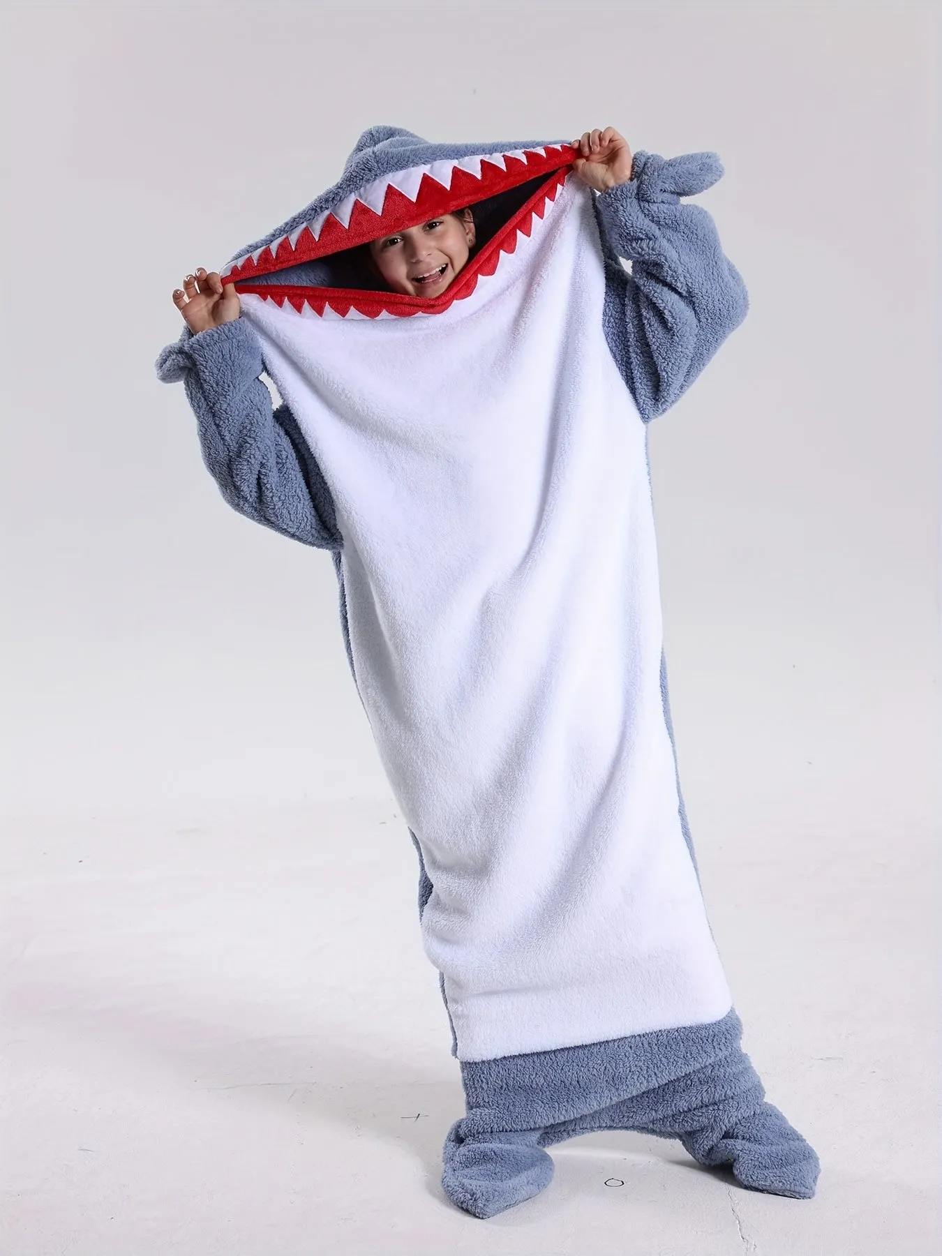 Plus Size Cute Lounge Onesies, Women's Cartoon Shark Fall/Winter Flannel Hoodie Wearable Blanket For Halloween & Christmas Costume