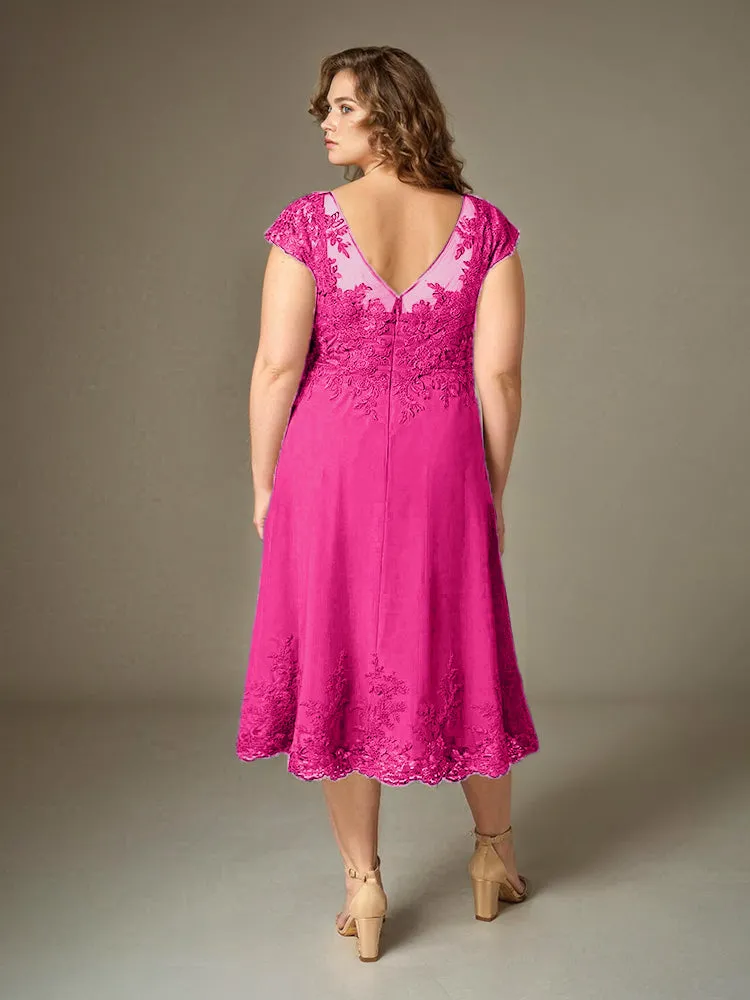 Plus Size Tea Length Lace Appliques Chiffon Mother Of The Bride Dress